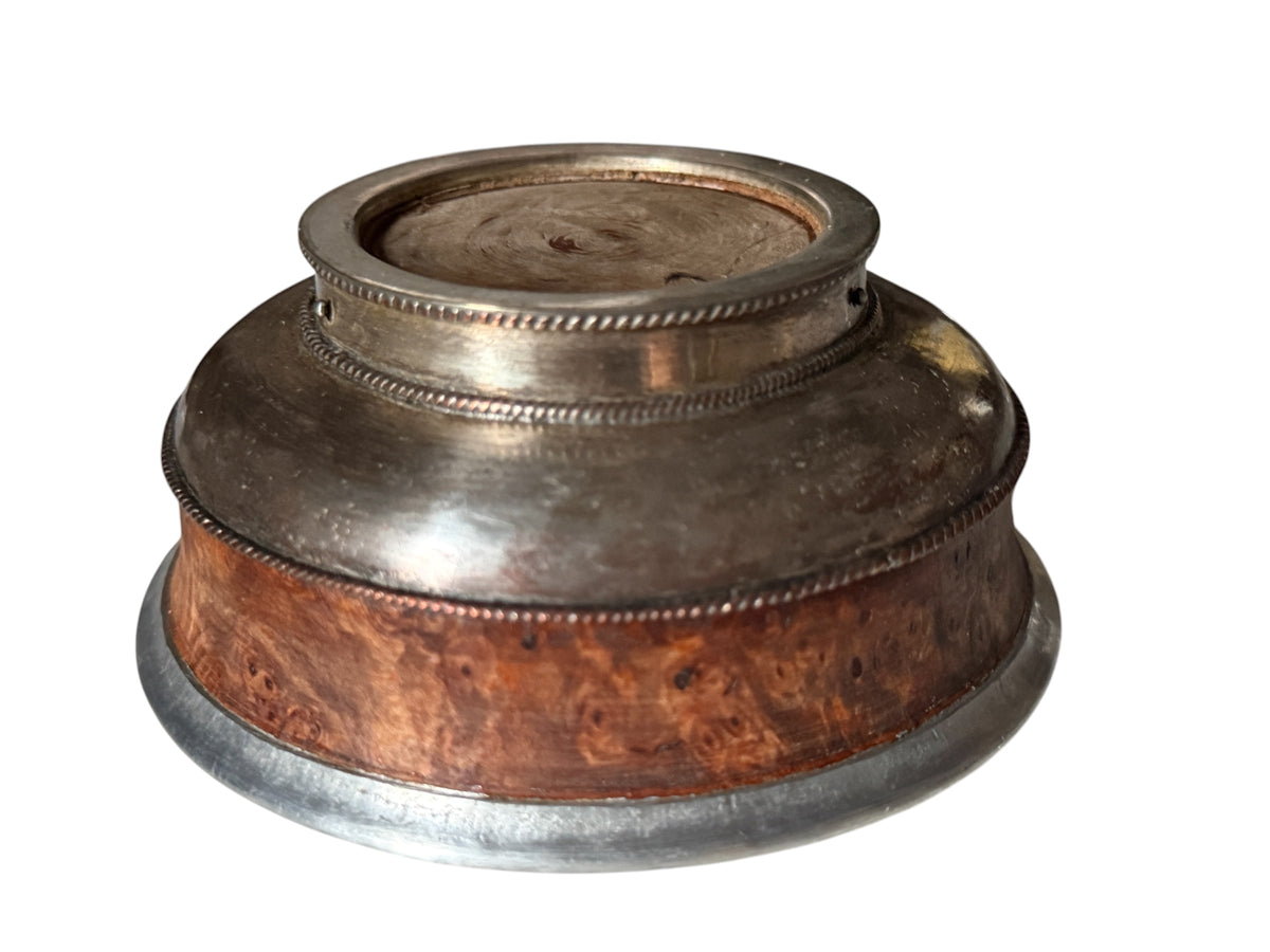 Antique Tibetan Burlwood Silver Mounted Offering Bowl Himalayan Cup