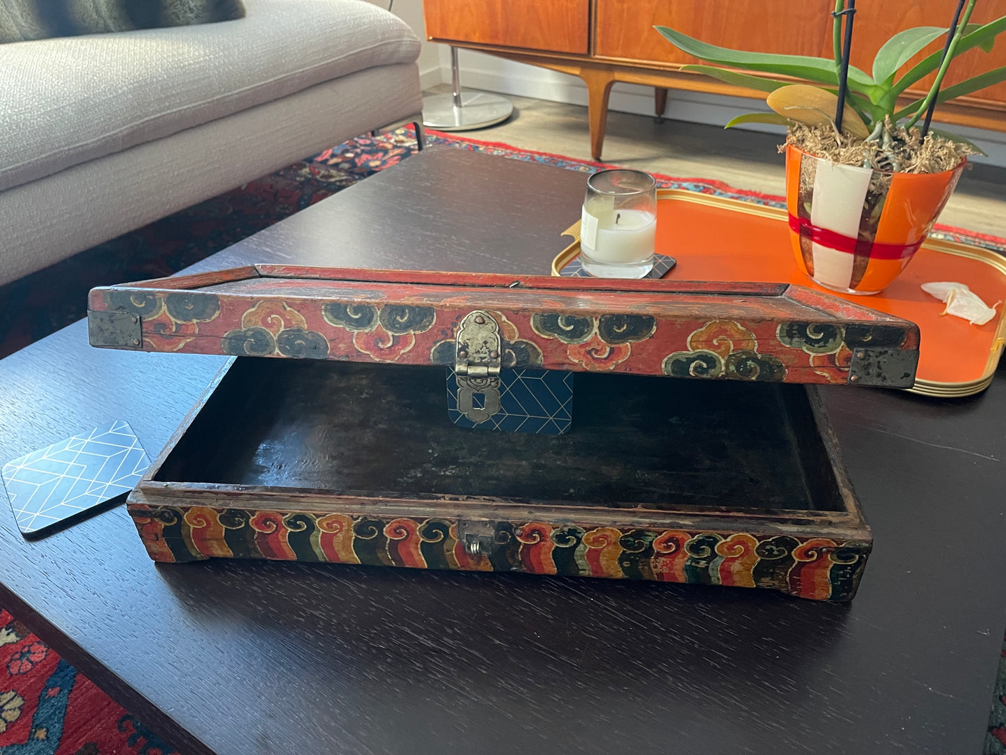 An antique rectangular flat Tibetan wood box