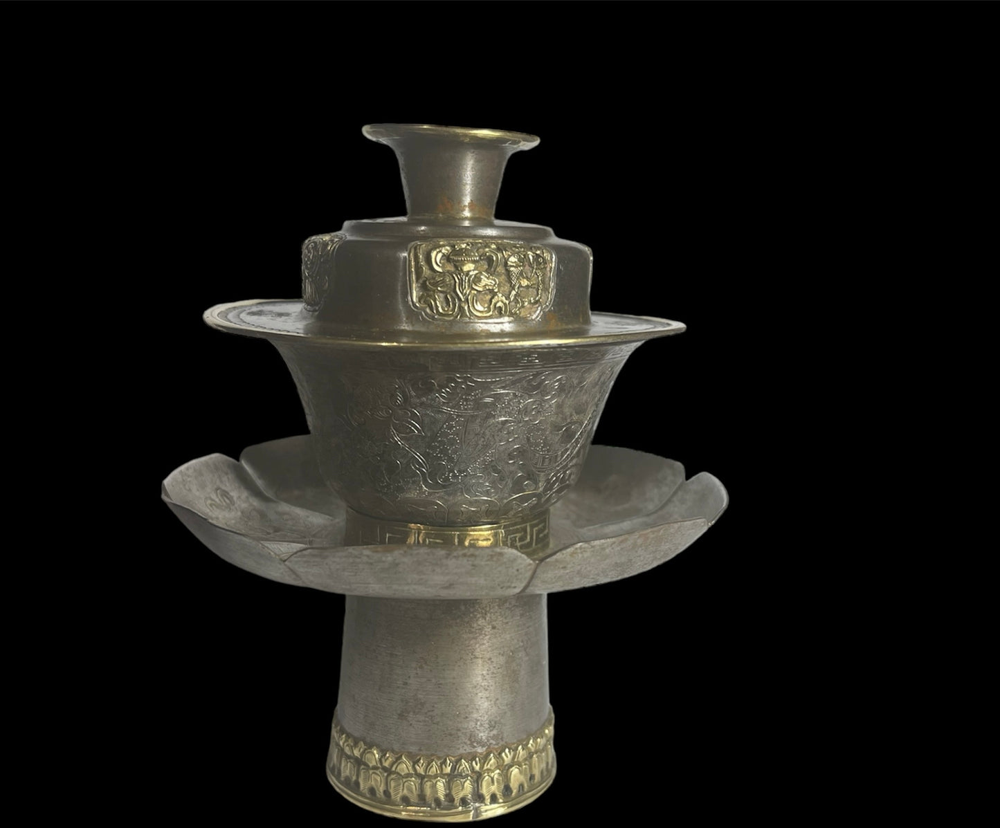 Antique silver Tibetan cup stand with silver cup