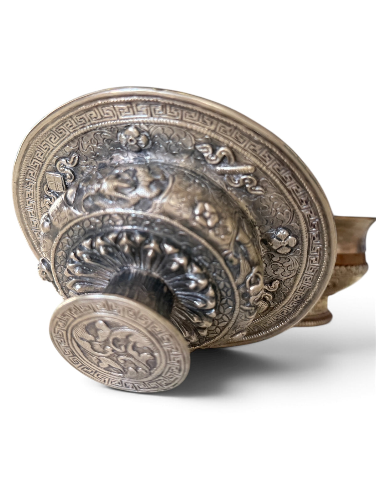 Antique Tibetan Silver Ritual Cup Lid | Dragon & Phoenix Motif | Himalayan Buddhist Art (LID ONLY, CUP NOT INCLUDED)