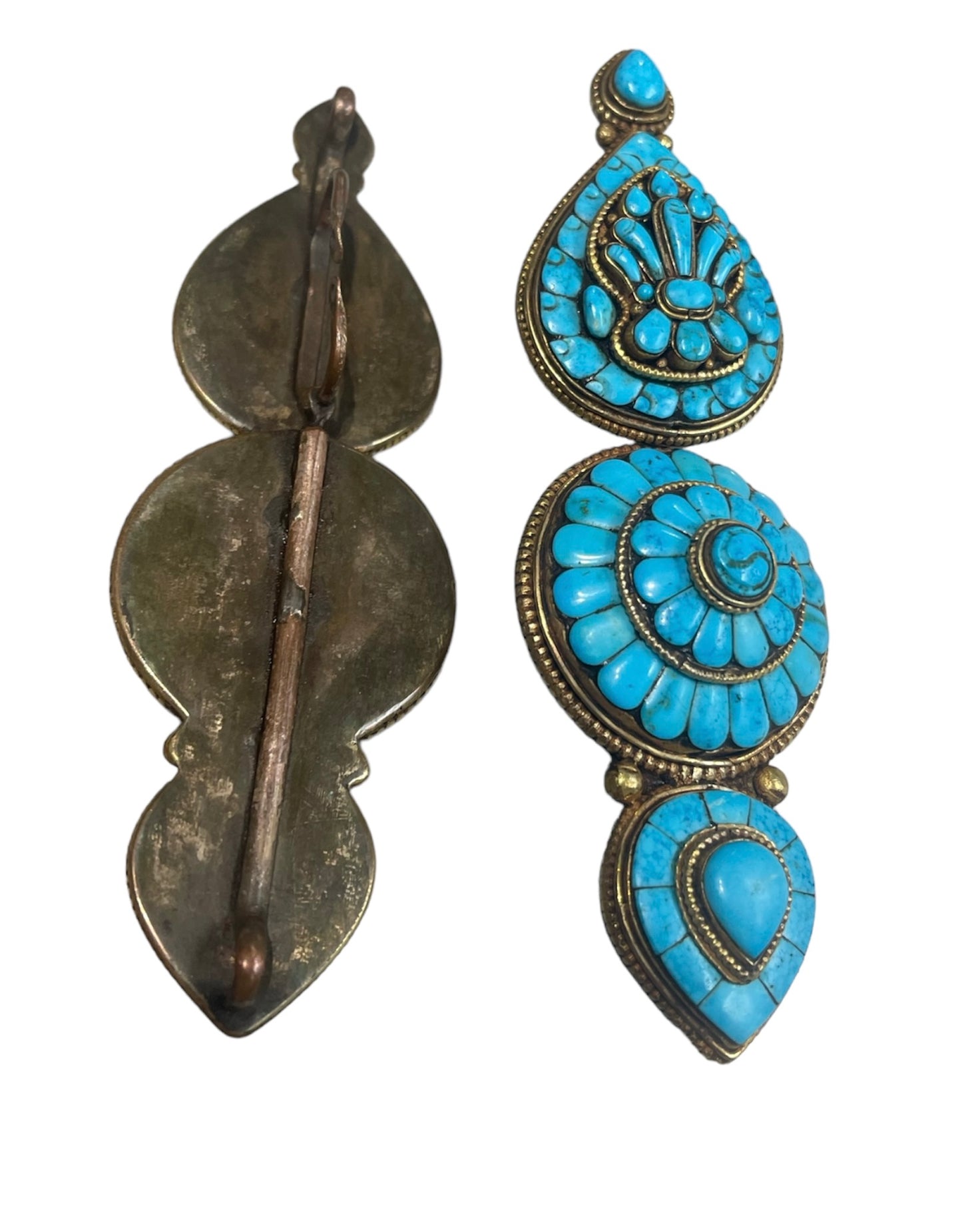 Pair of vintage Tibetan turquoise and gilded silver ear pendants