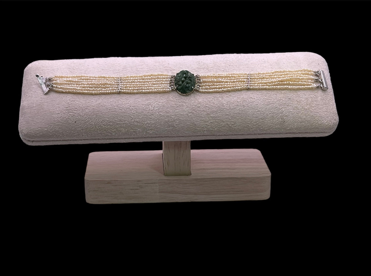 an antique seed pearl and jade plaque bracelet