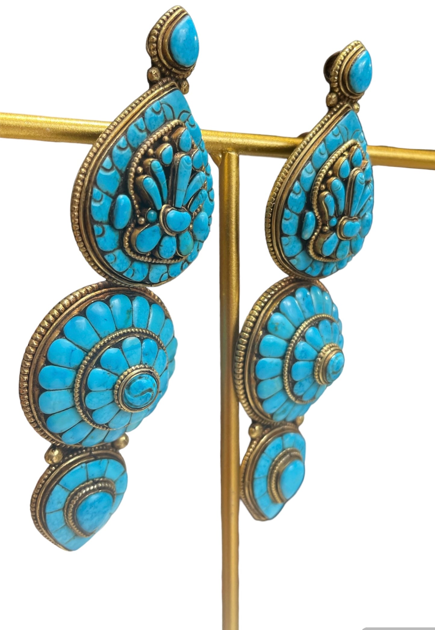 Pair of vintage Tibetan turquoise and gilded silver ear pendants