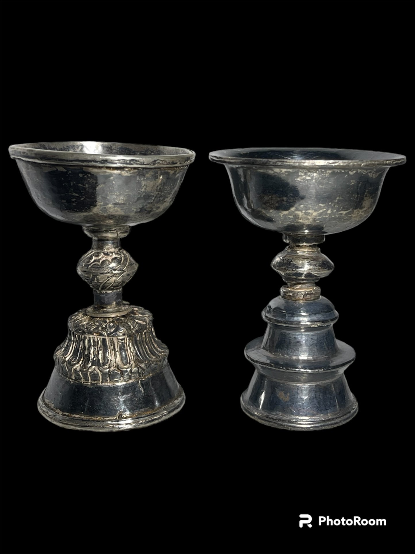 A set of 6 antique Tibetan silver butter lamps