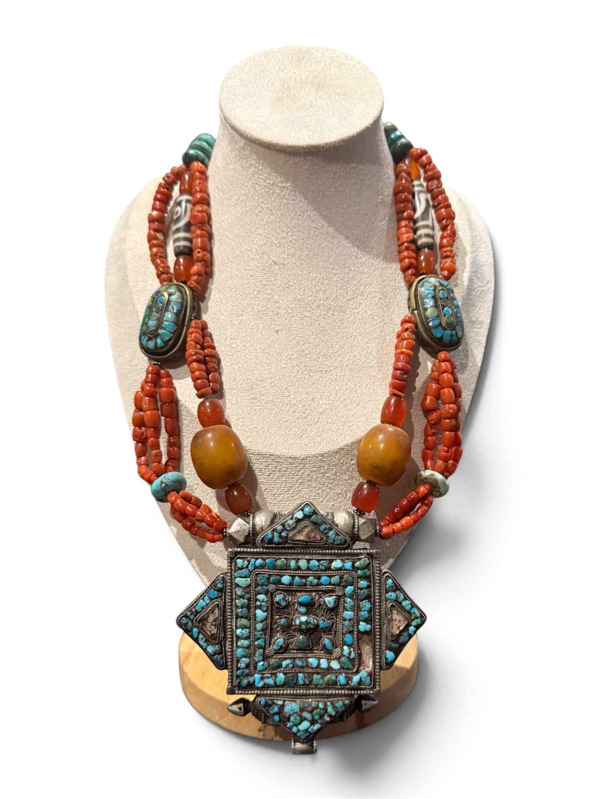 Antique ghau with coral and silver bead necklace