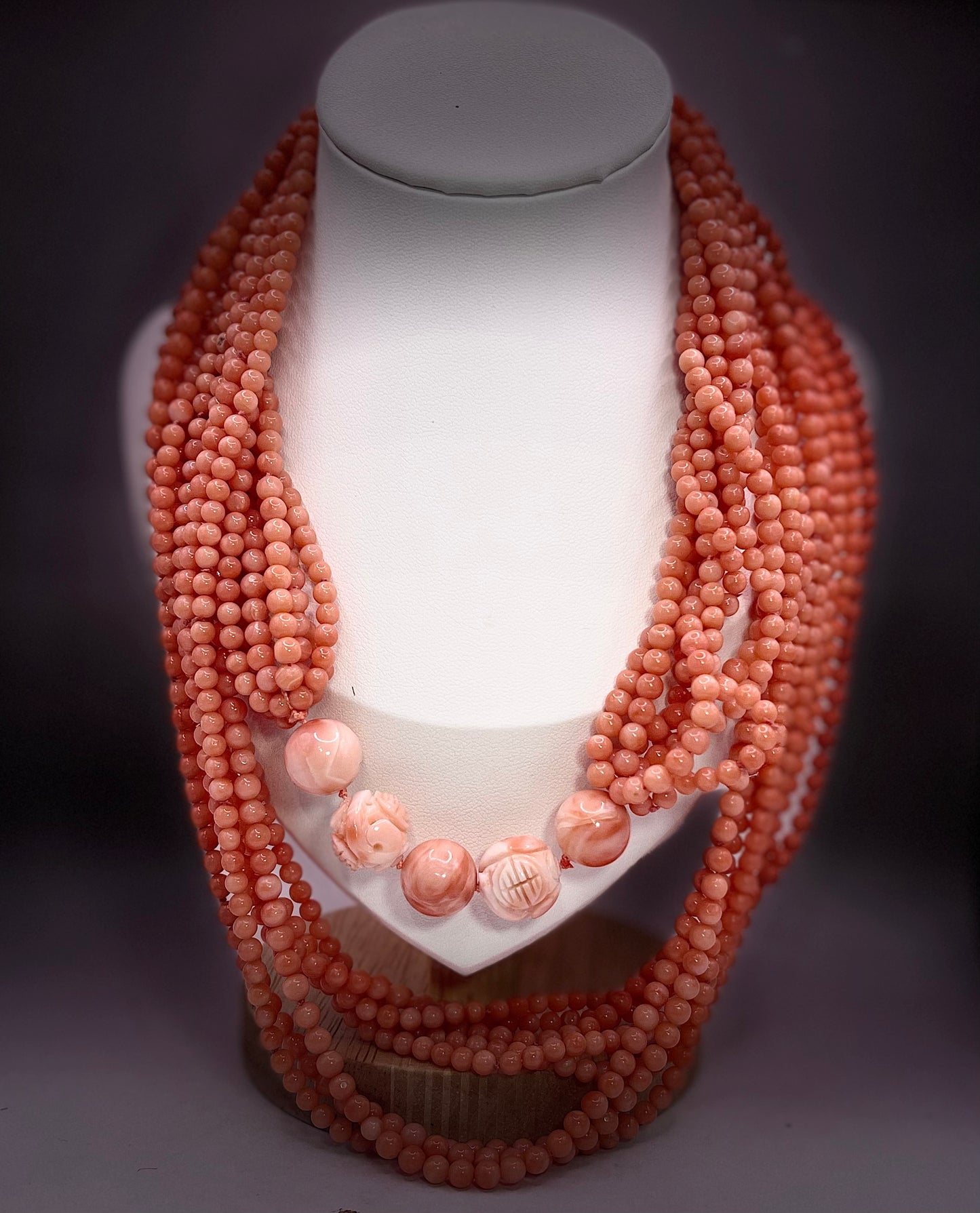 A multi strand coral bead necklace