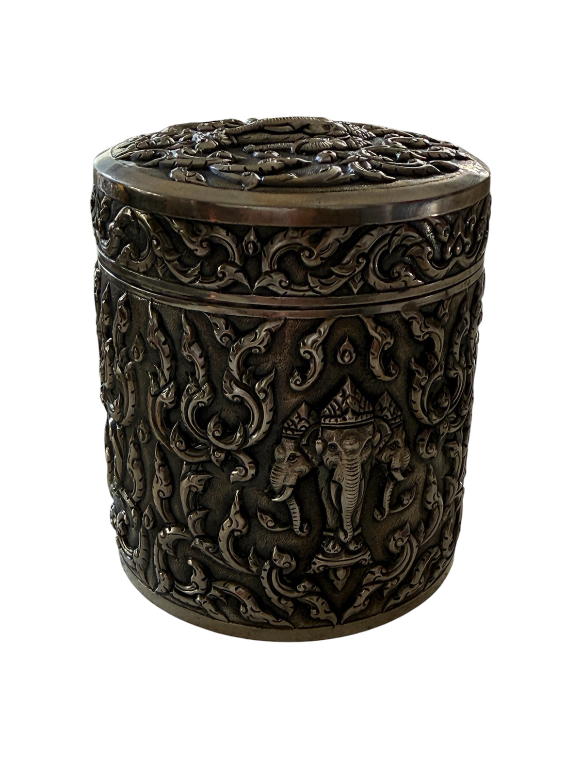 An antique cylindrical Thai silver box