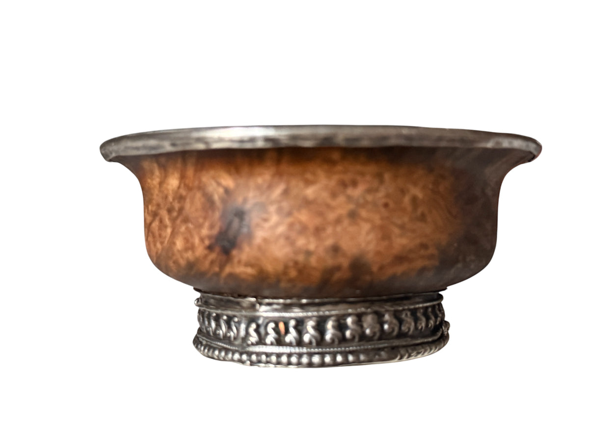 Antique Tibetan Burlwood Silver Mounted Offering Bowl Himalayan Cup