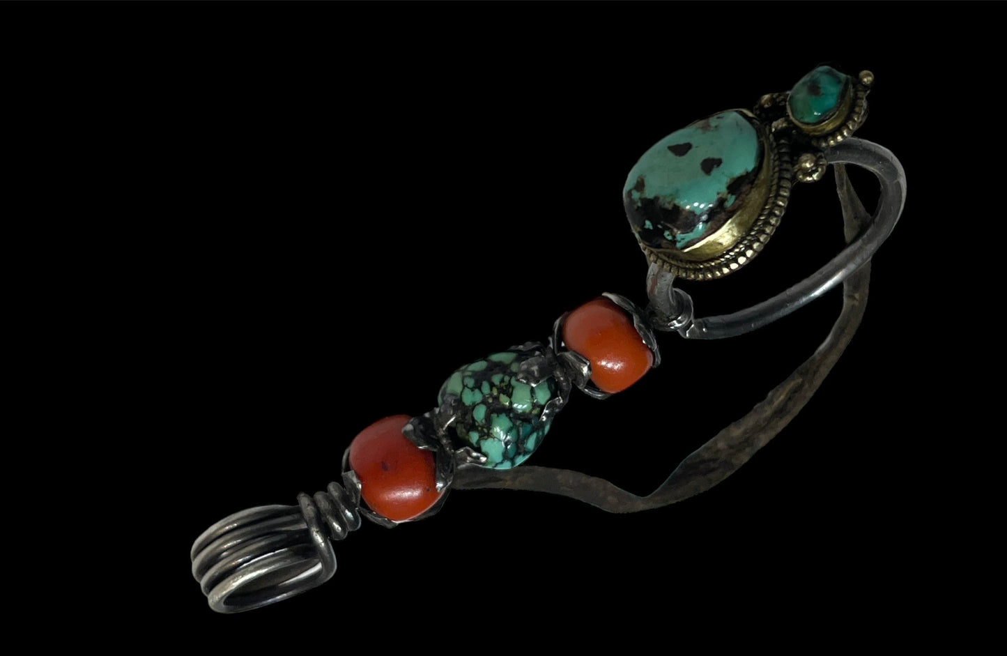 Antique Tibetan men’s turquoise and coral earring