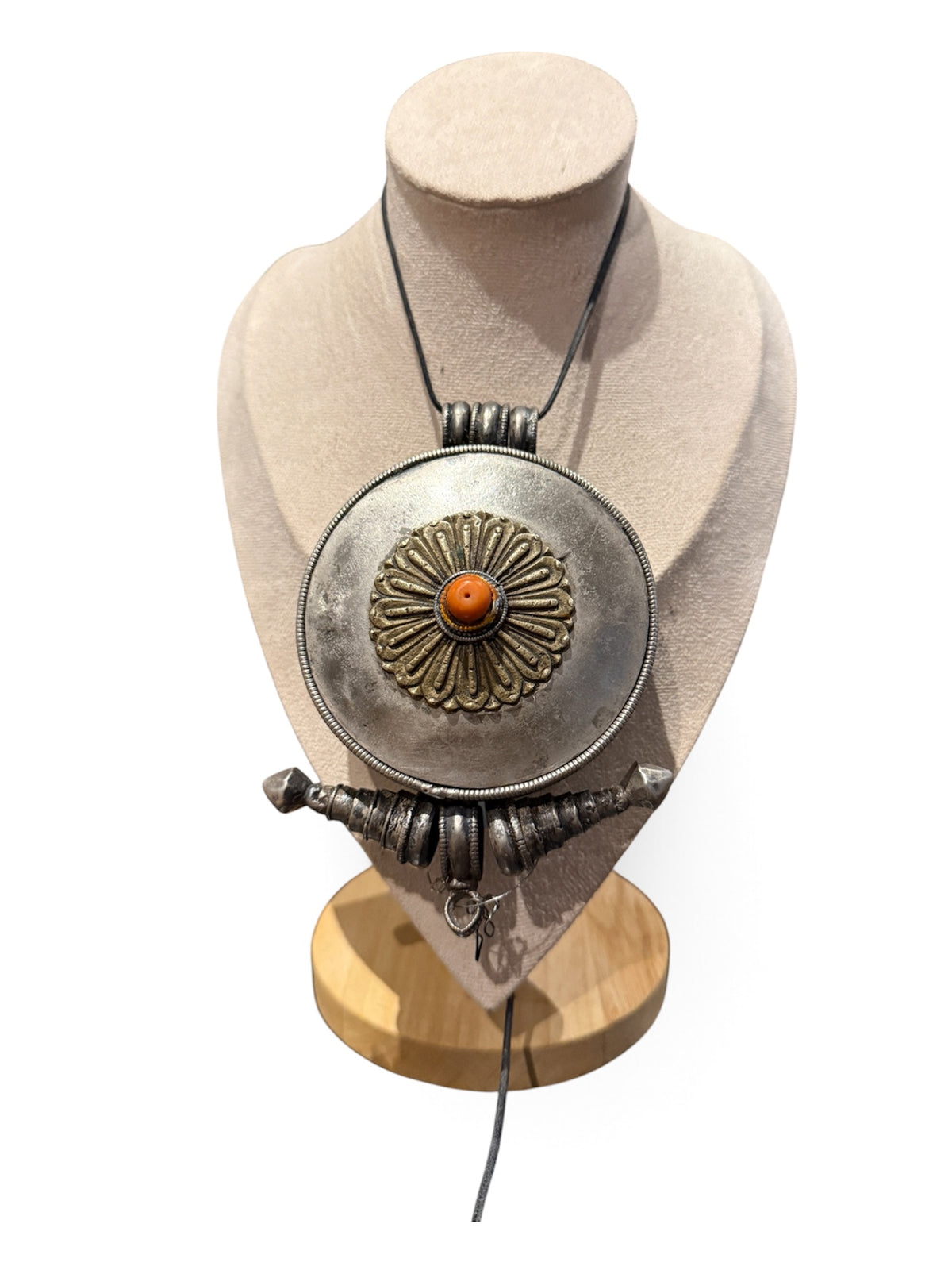 Large Antique Tibetan Silver Women's Ghau Pendant with Gilded Floral Medallion and Coral Cabochon