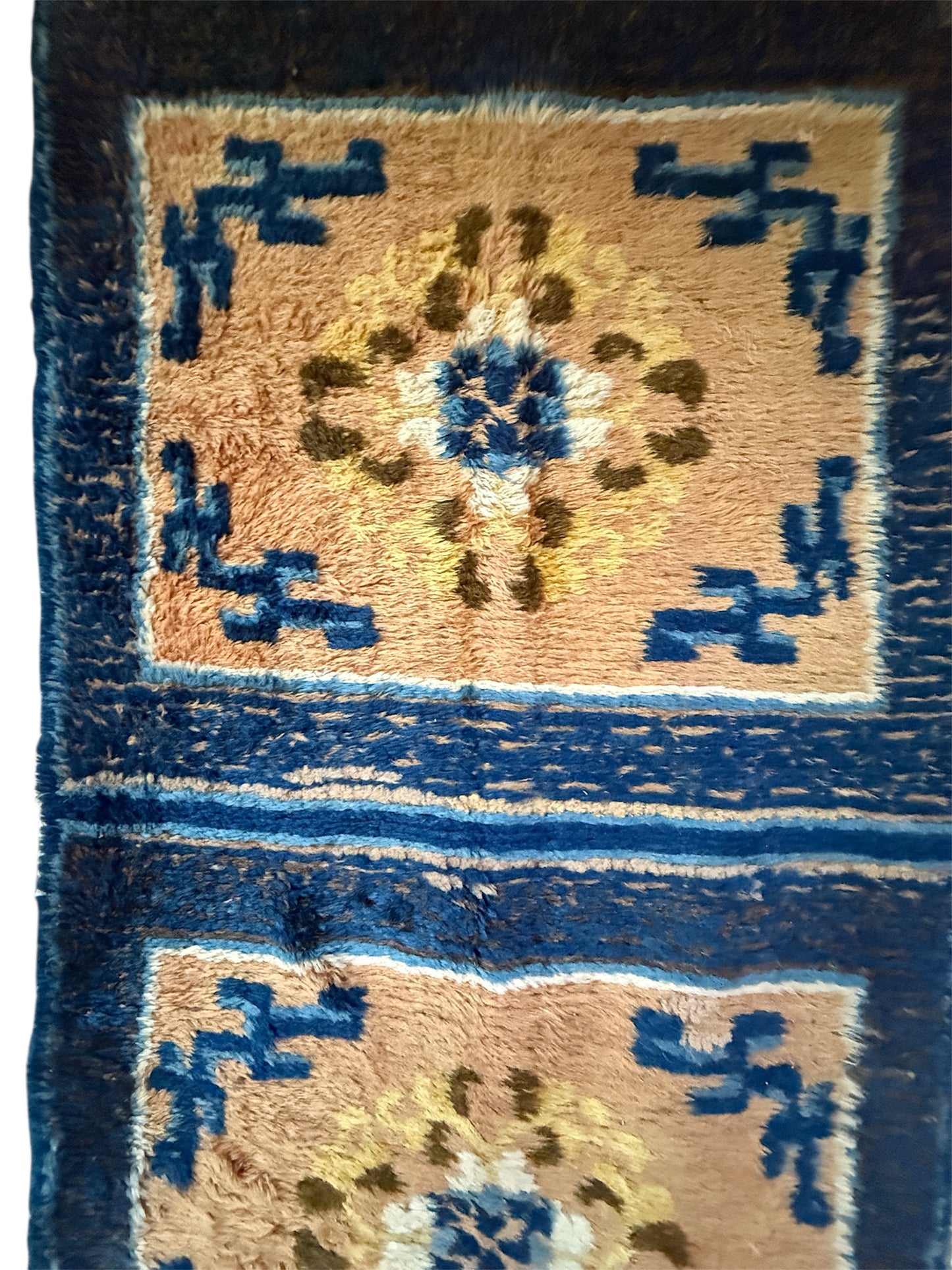 An antique triple seater Tibetan meditation rug