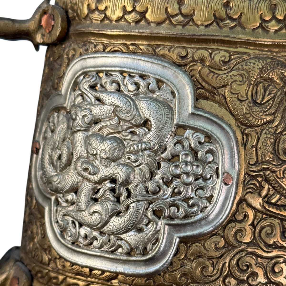 Antique Tibetan Dragon Handle Ewer Gilt Bronze Silver Ritual Wine Pot