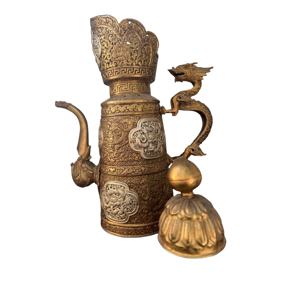 Antique Tibetan Dragon Handle Ewer Gilt Bronze Silver Ritual Wine Pot