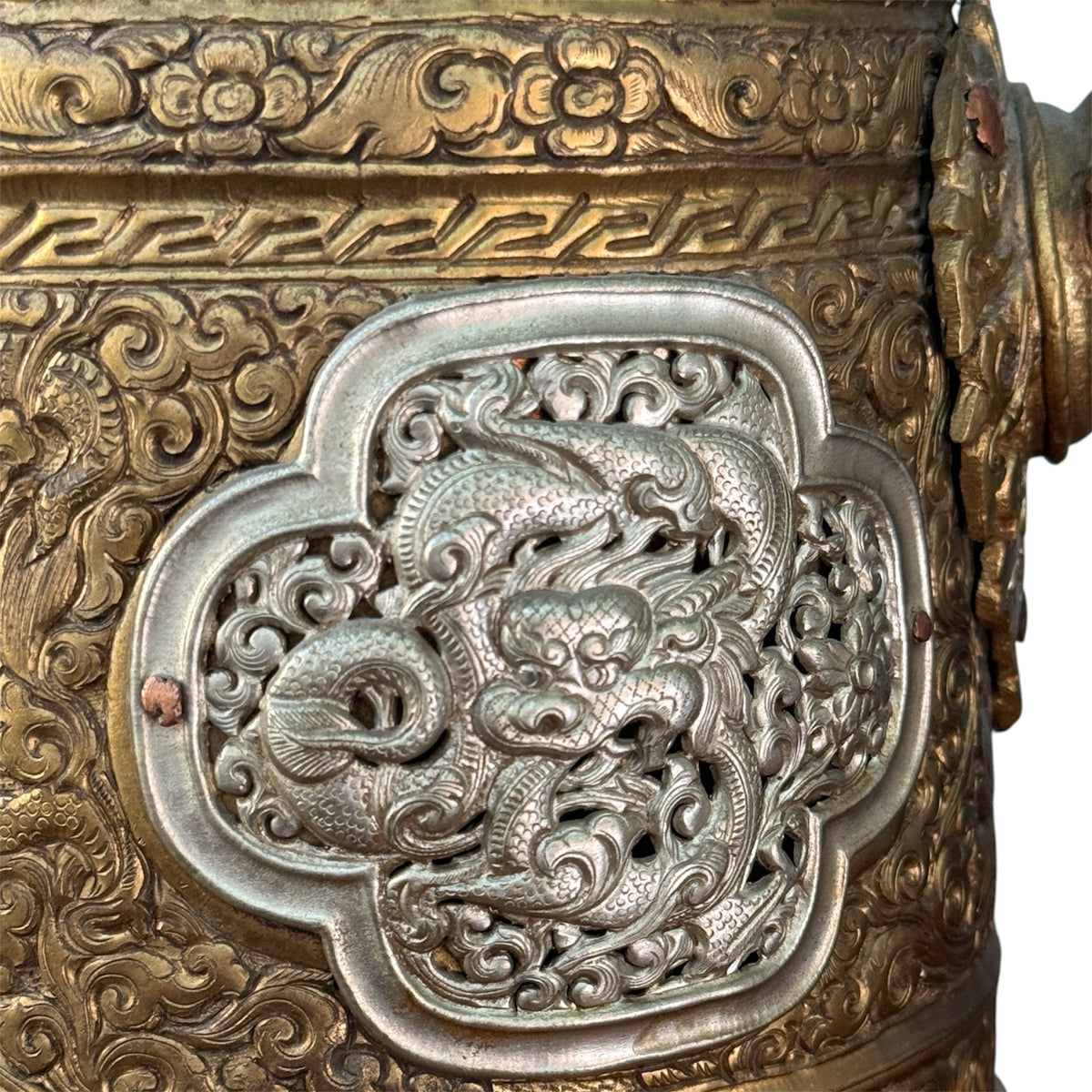 Antique Tibetan Dragon Handle Ewer Gilt Bronze Silver Ritual Wine Pot