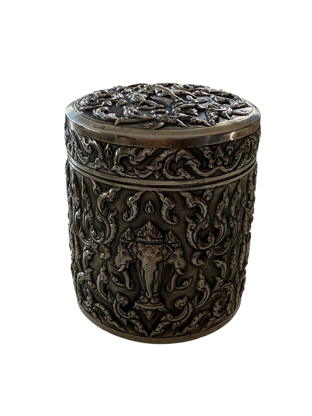 An antique cylindrical Thai silver box