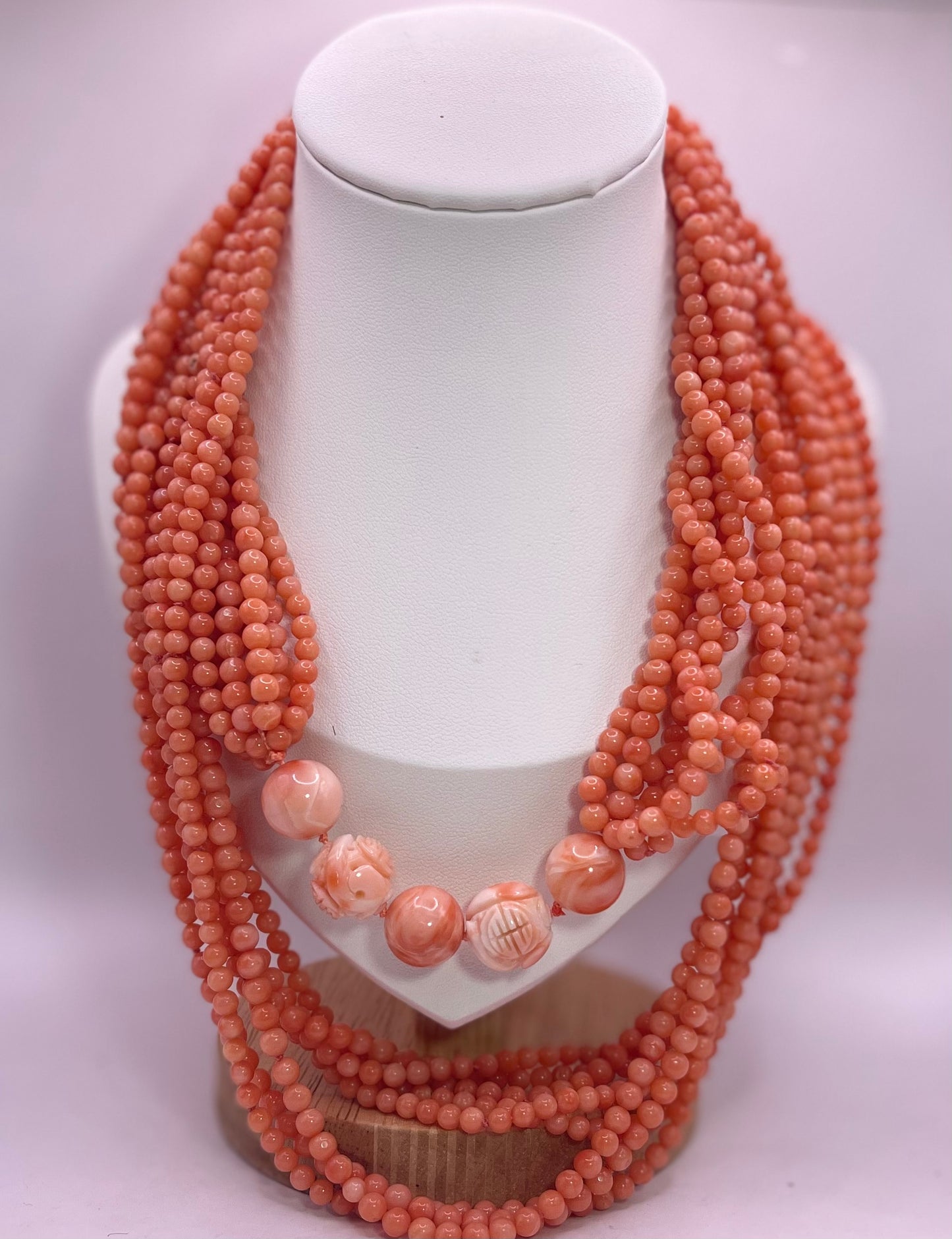 A multi strand coral bead necklace