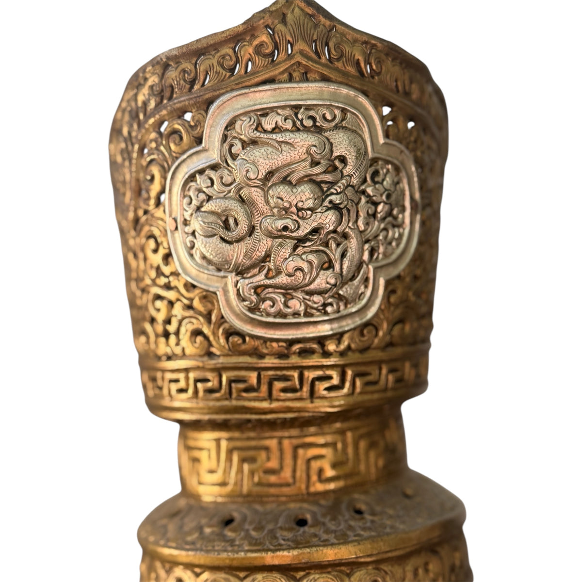Antique Tibetan Dragon Handle Ewer Gilt Bronze Silver Ritual Wine Pot