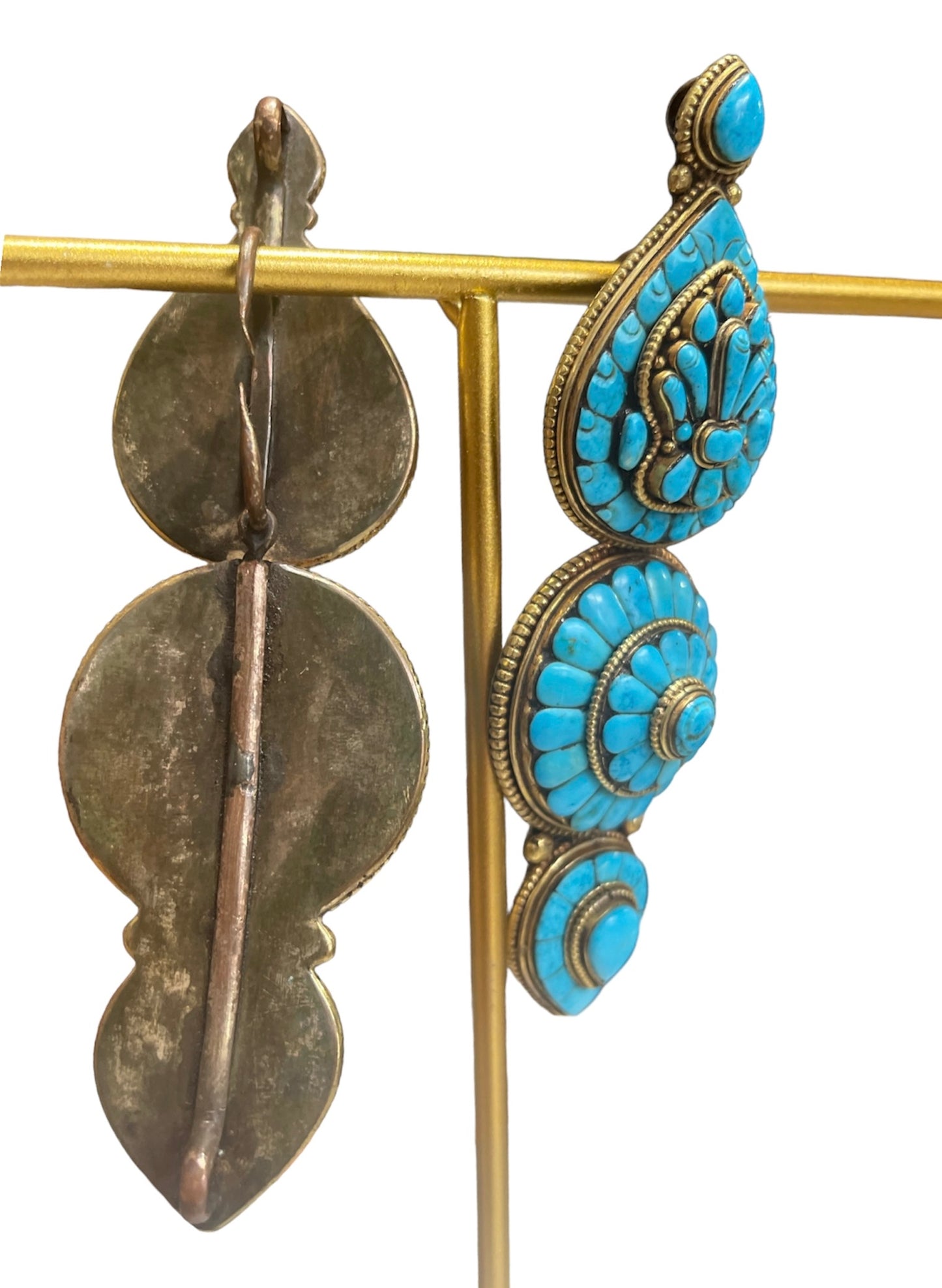 Pair of vintage Tibetan turquoise and gilded silver ear pendants