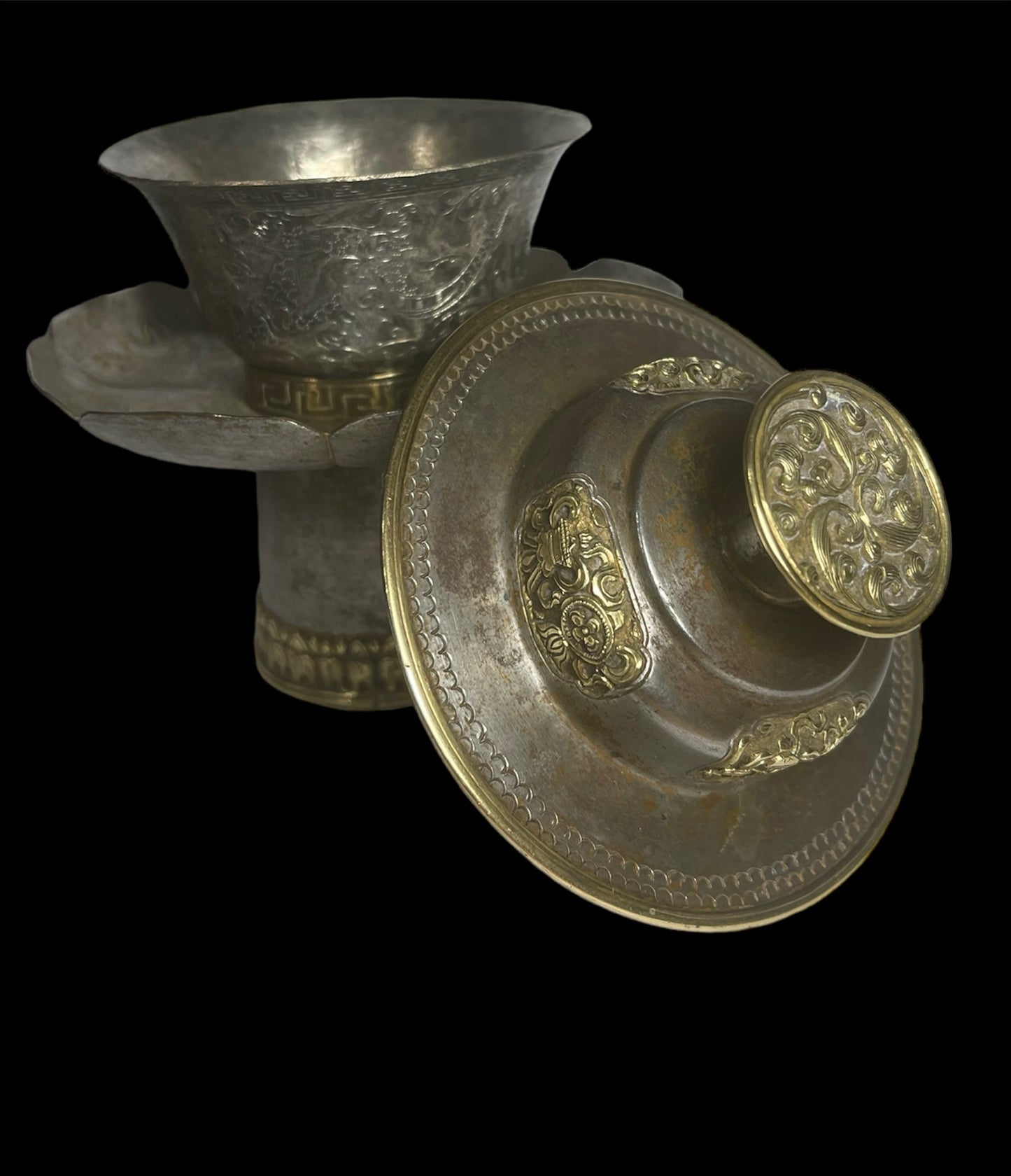 Antique silver Tibetan cup stand with silver cup