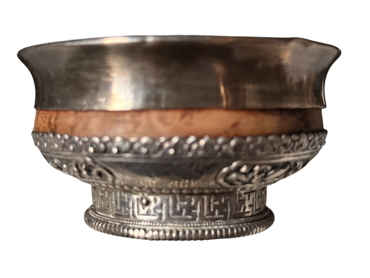 Antique Tibetan Burlwood Silver Mounted Offering Bowl Himalayan Cup