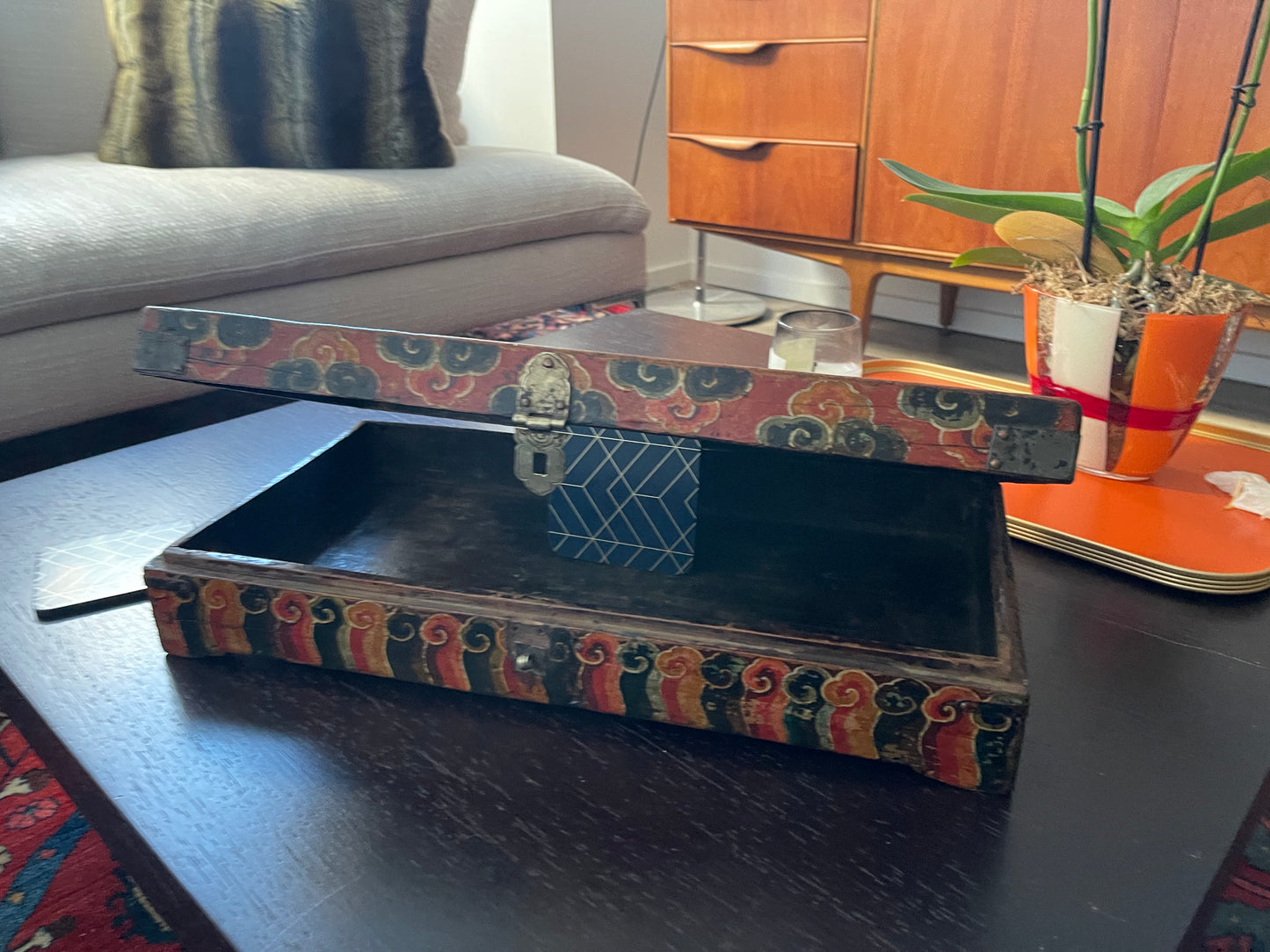 An antique rectangular flat Tibetan wood box