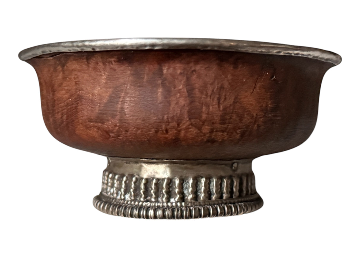Antique Tibetan Burlwood Silver Mounted Offering Bowl Himalayan Pedestal Cup