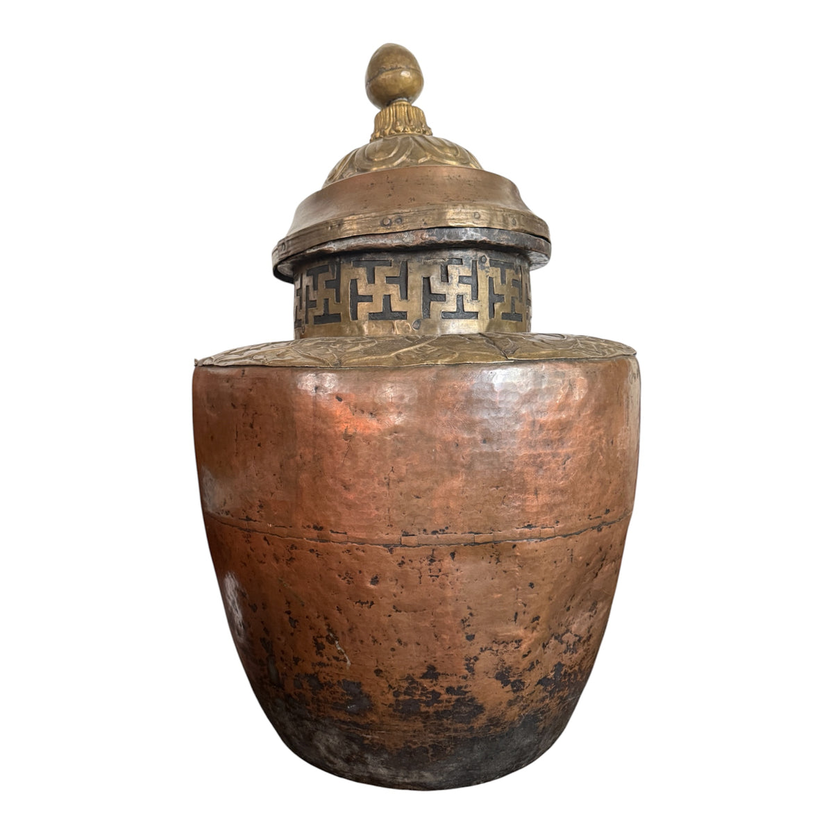 Large Antique Tibetan Copper Brass Water Storage Vessel Ritual Jar 42"