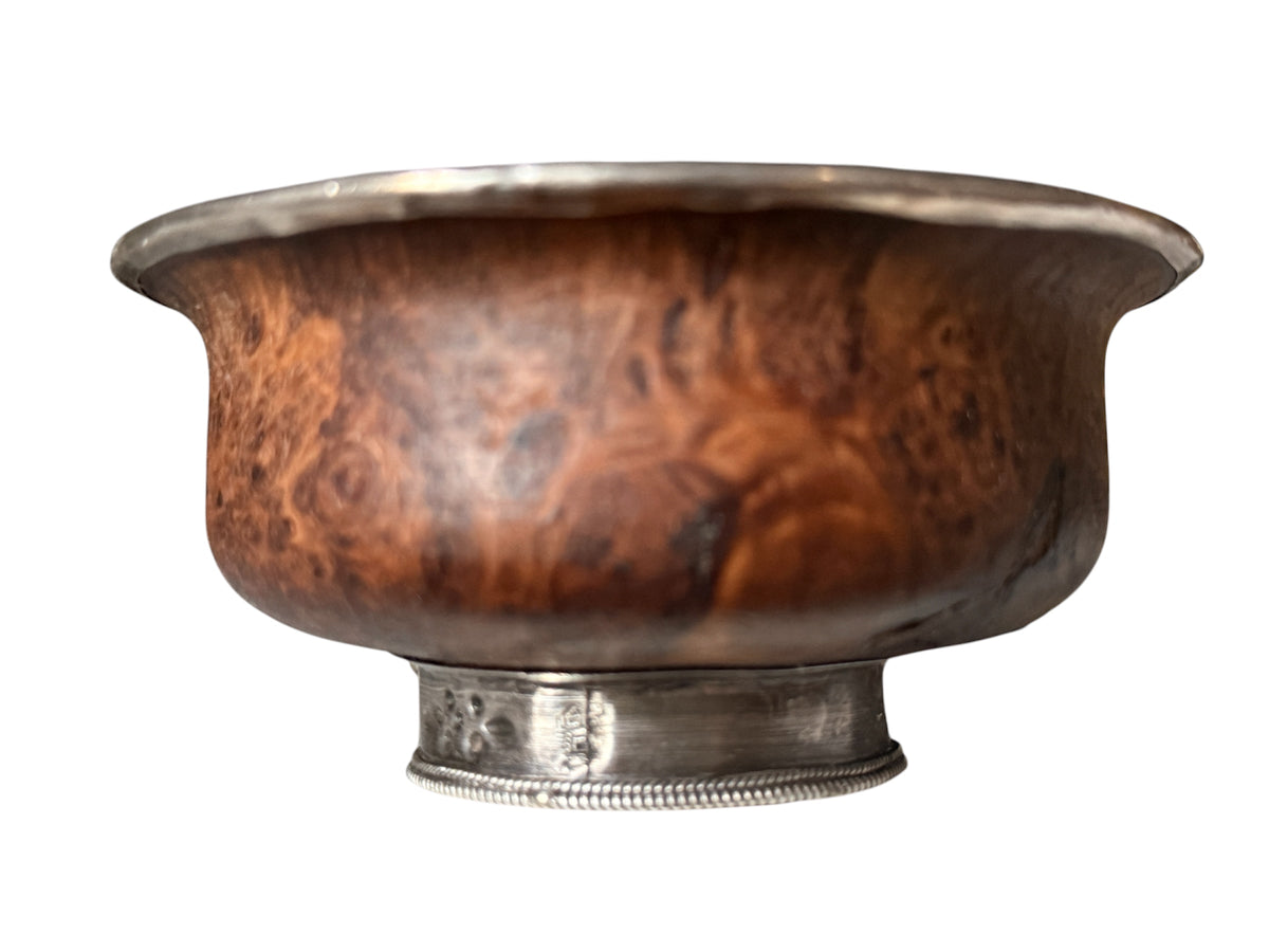 Antique Tibetan burlwood and Silver Mounted Bowl Himalayan Pedestal Cup