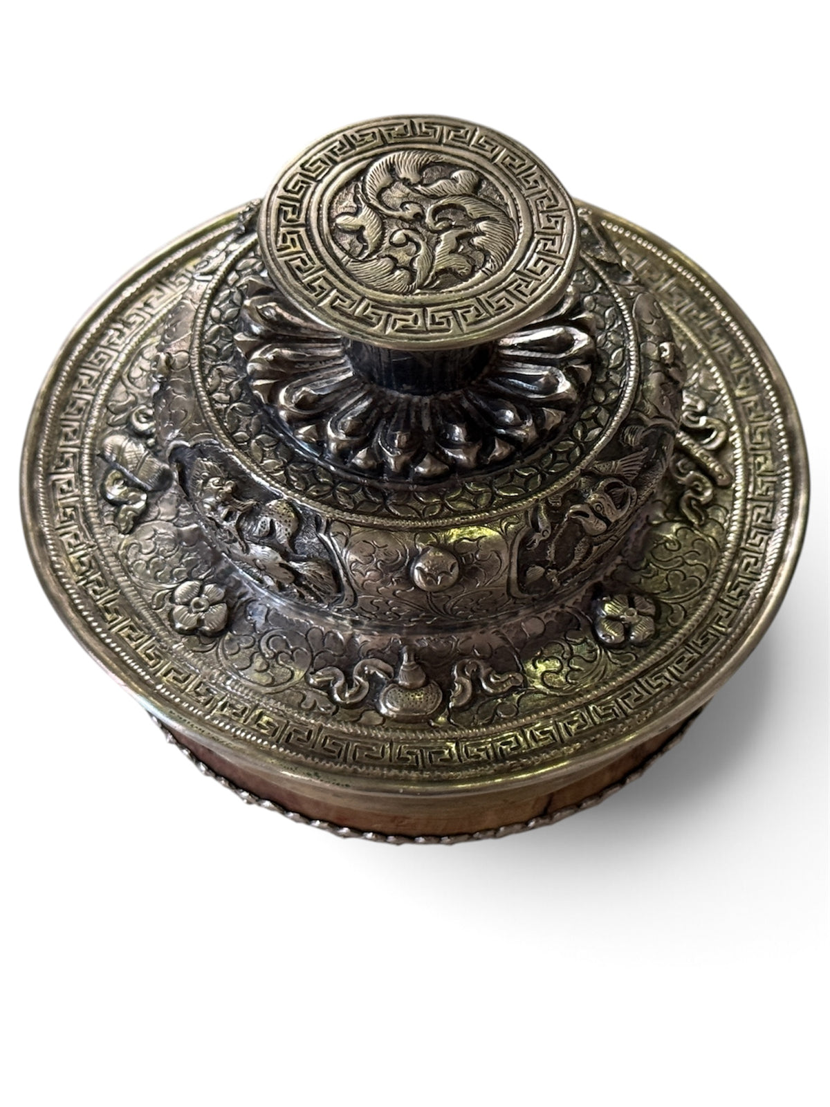 Antique Tibetan Silver Ritual Cup Lid | Dragon & Phoenix Motif | Himalayan Buddhist Art (LID ONLY, CUP NOT INCLUDED)