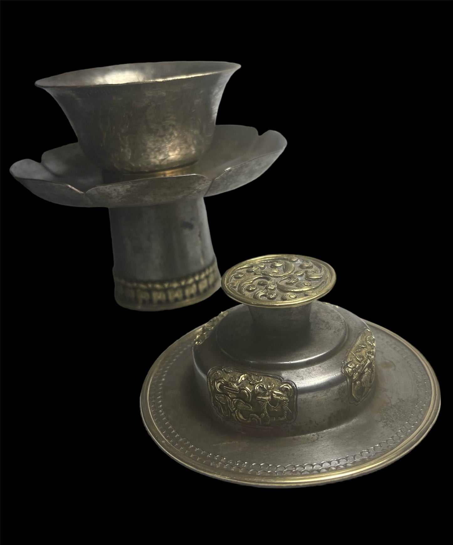 Antique silver Tibetan cup stand with silver cup
