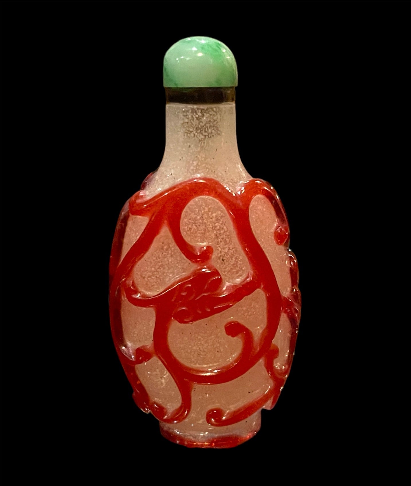 Peking glass snuff bottle - with jade cover and bone scoop