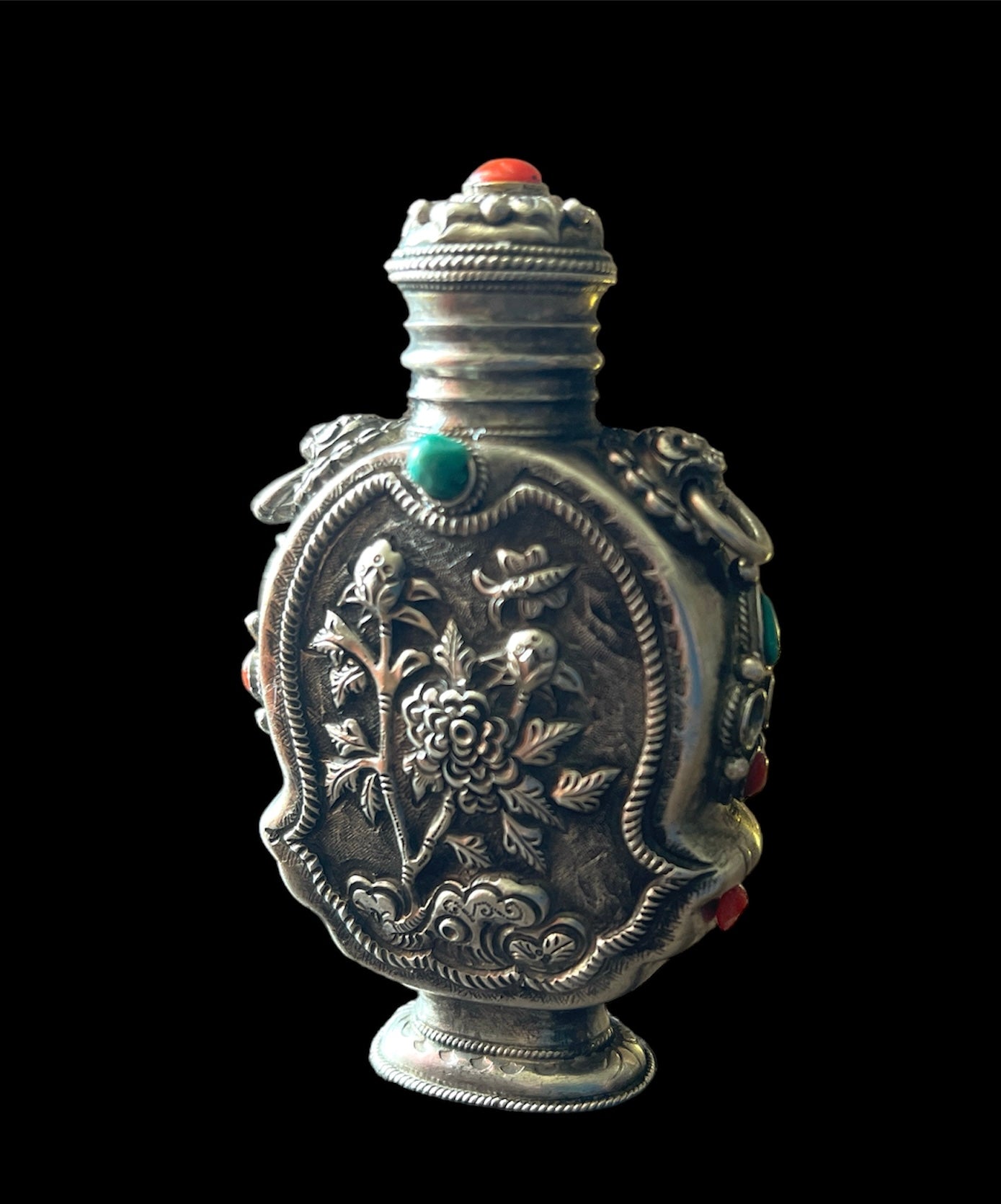 Mongolian silver snuff bottle - with coral and turquoise