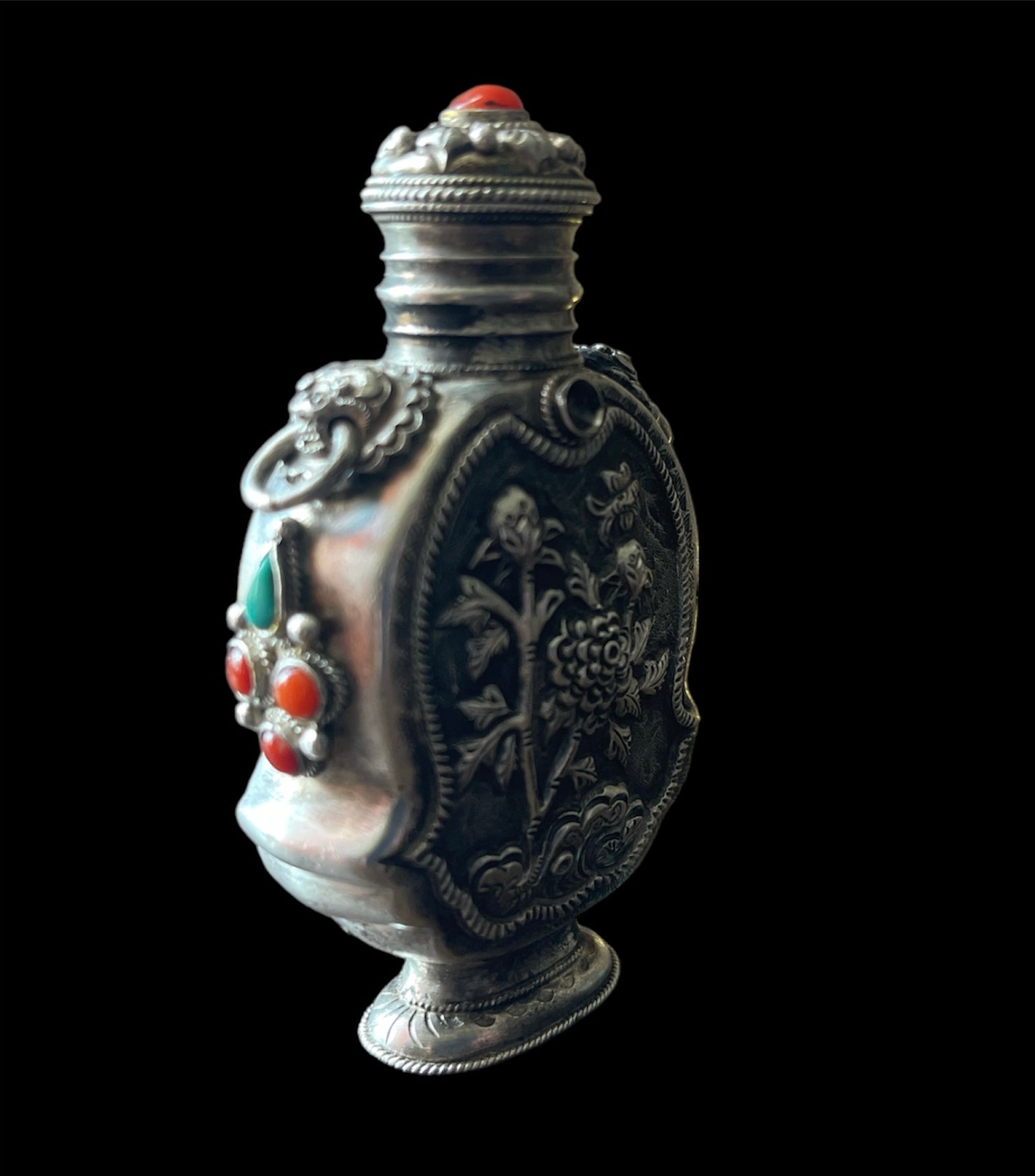 Mongolian silver snuff bottle - with coral and turquoise