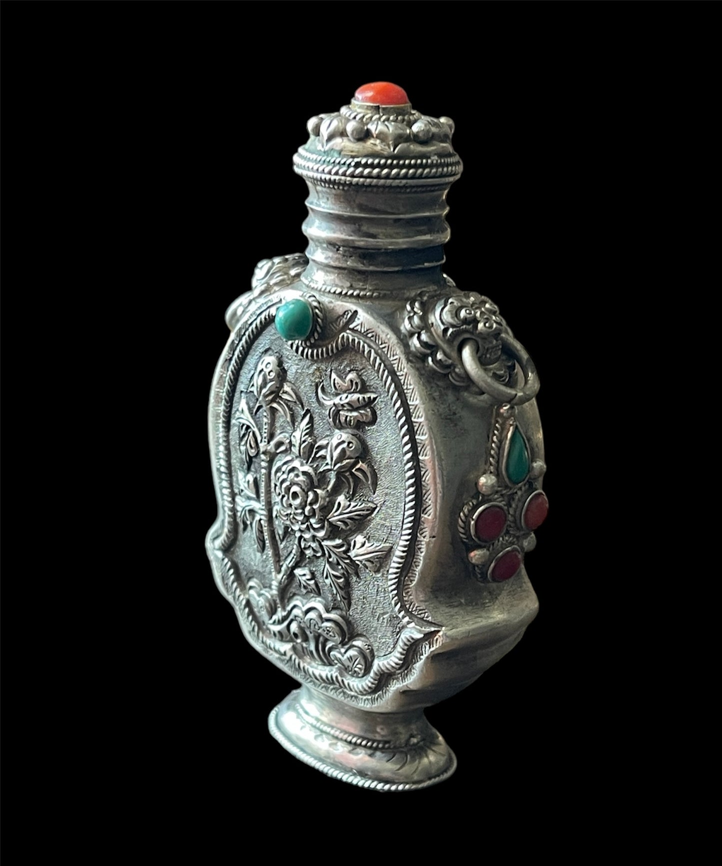 Mongolian silver snuff bottle - with coral and turquoise