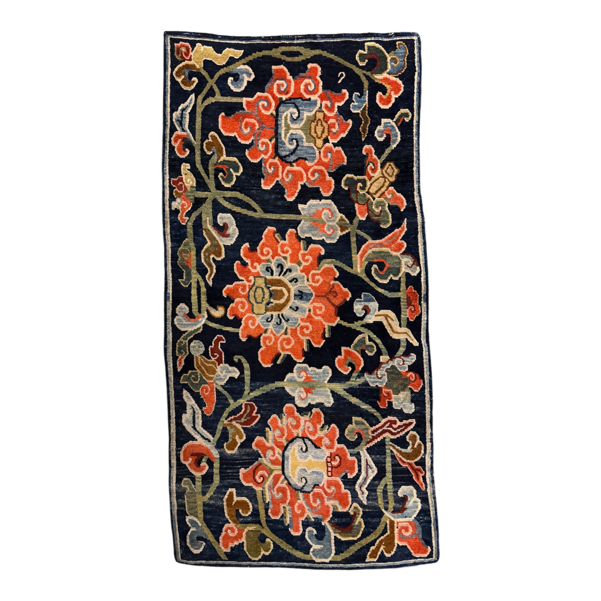 Antique Tibetan Wool Rug c.1900 Floral Himalayan Carpet 5'8" x 2'9