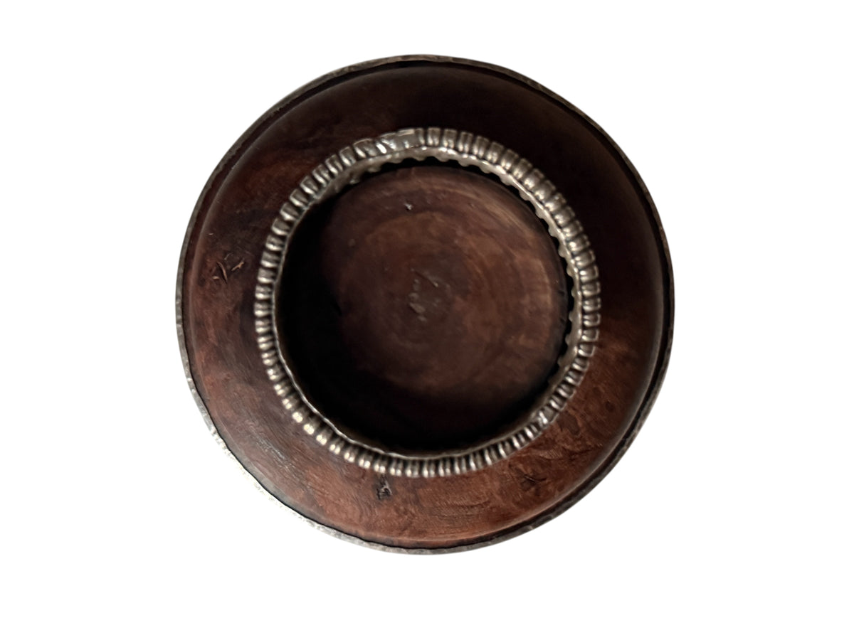 Antique Tibetan Burlwood Silver Mounted Offering Bowl Himalayan Pedestal Cup