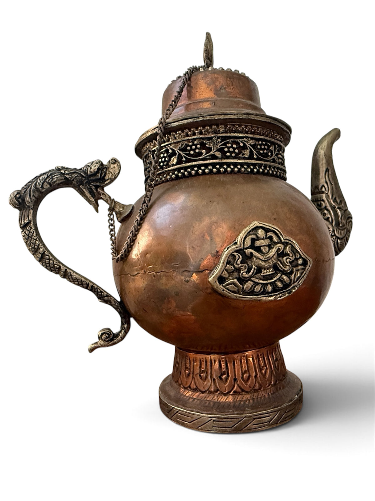 Antique Tibetan Copper Ritual Ewer Dragon Handle Buddhist Tea Vessel 9"