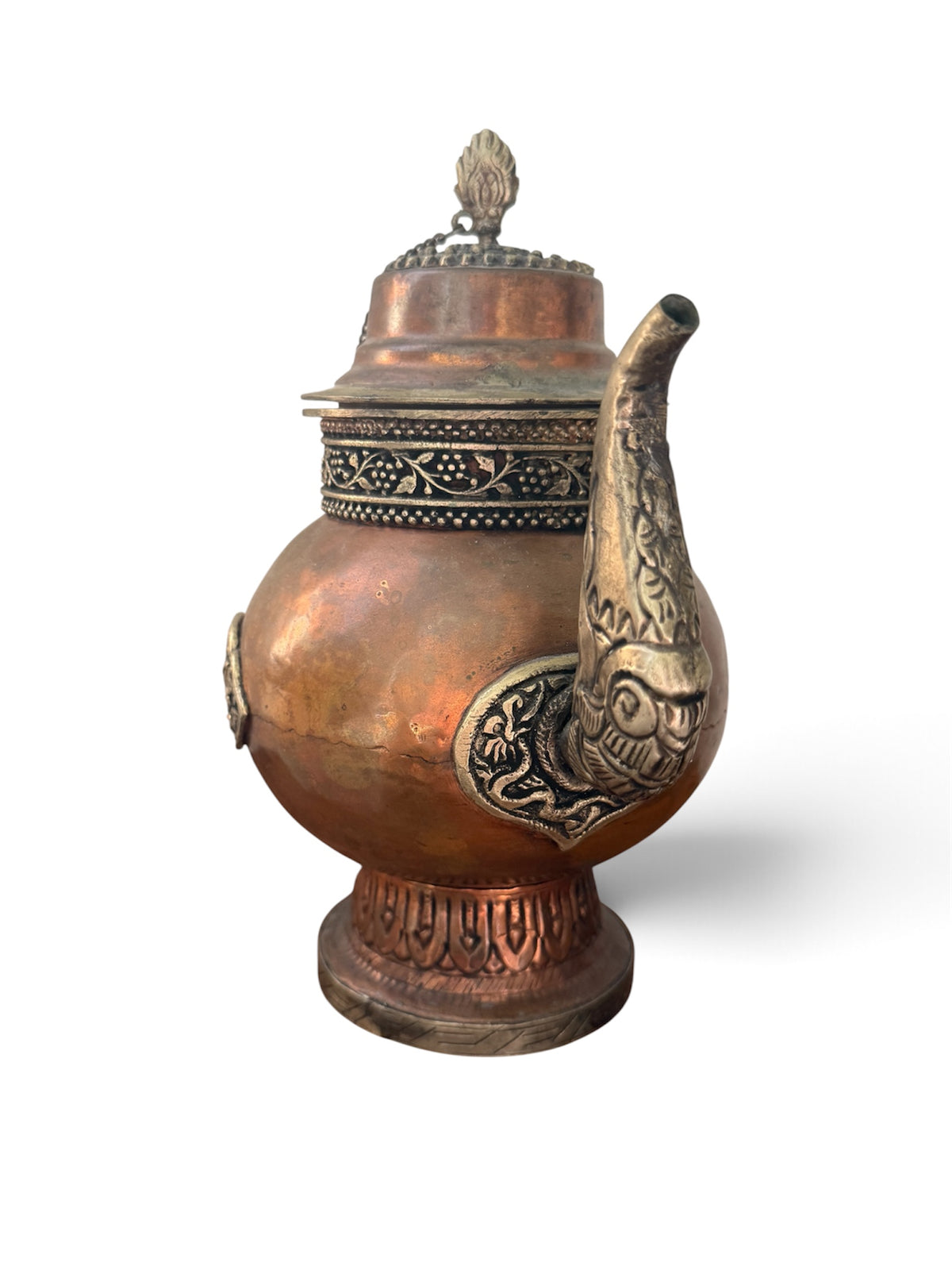 Antique Tibetan Copper Ritual Ewer Dragon Handle Buddhist Tea Vessel 9"