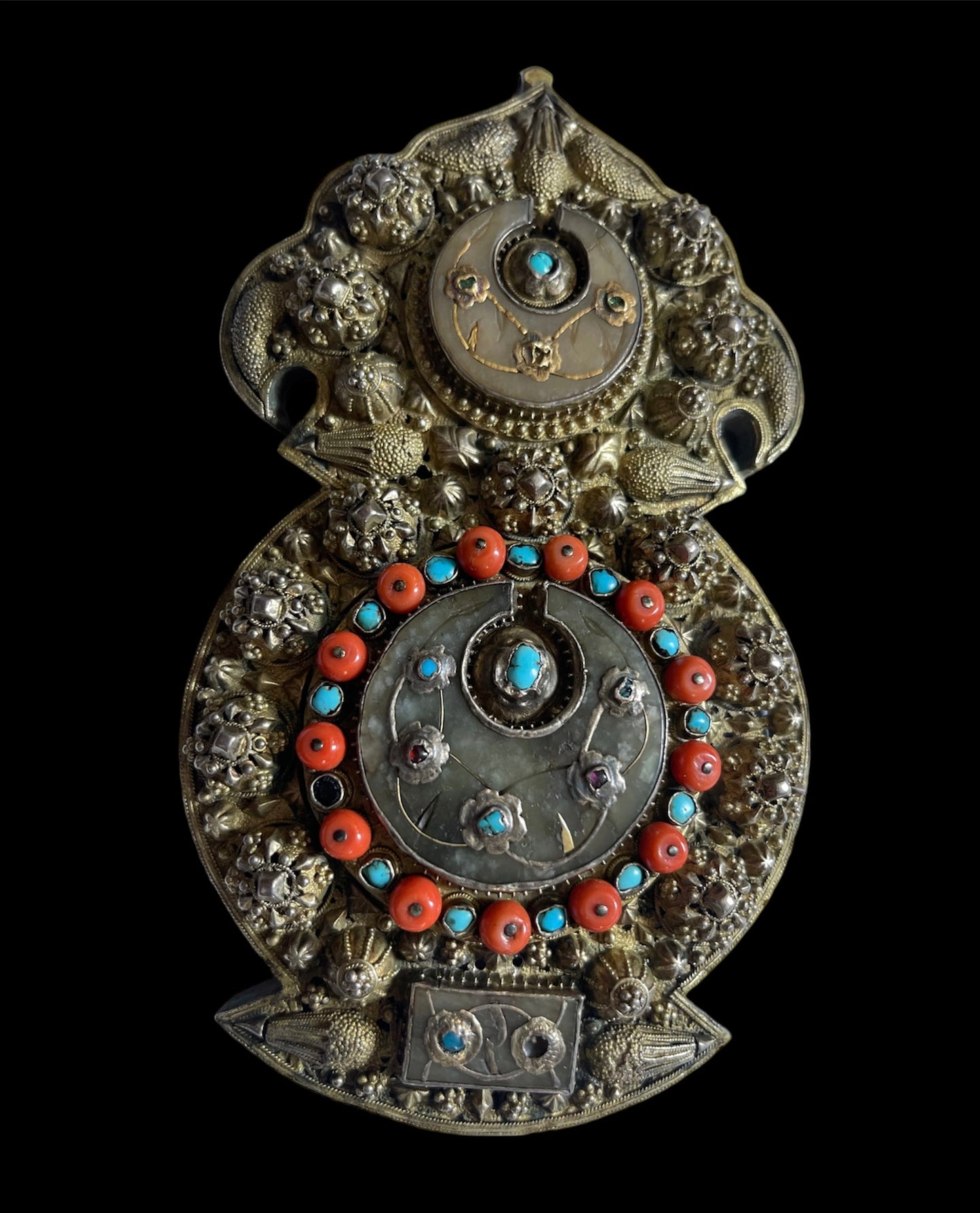Antique Ottoman silver and gilded silver with coral belt buckle