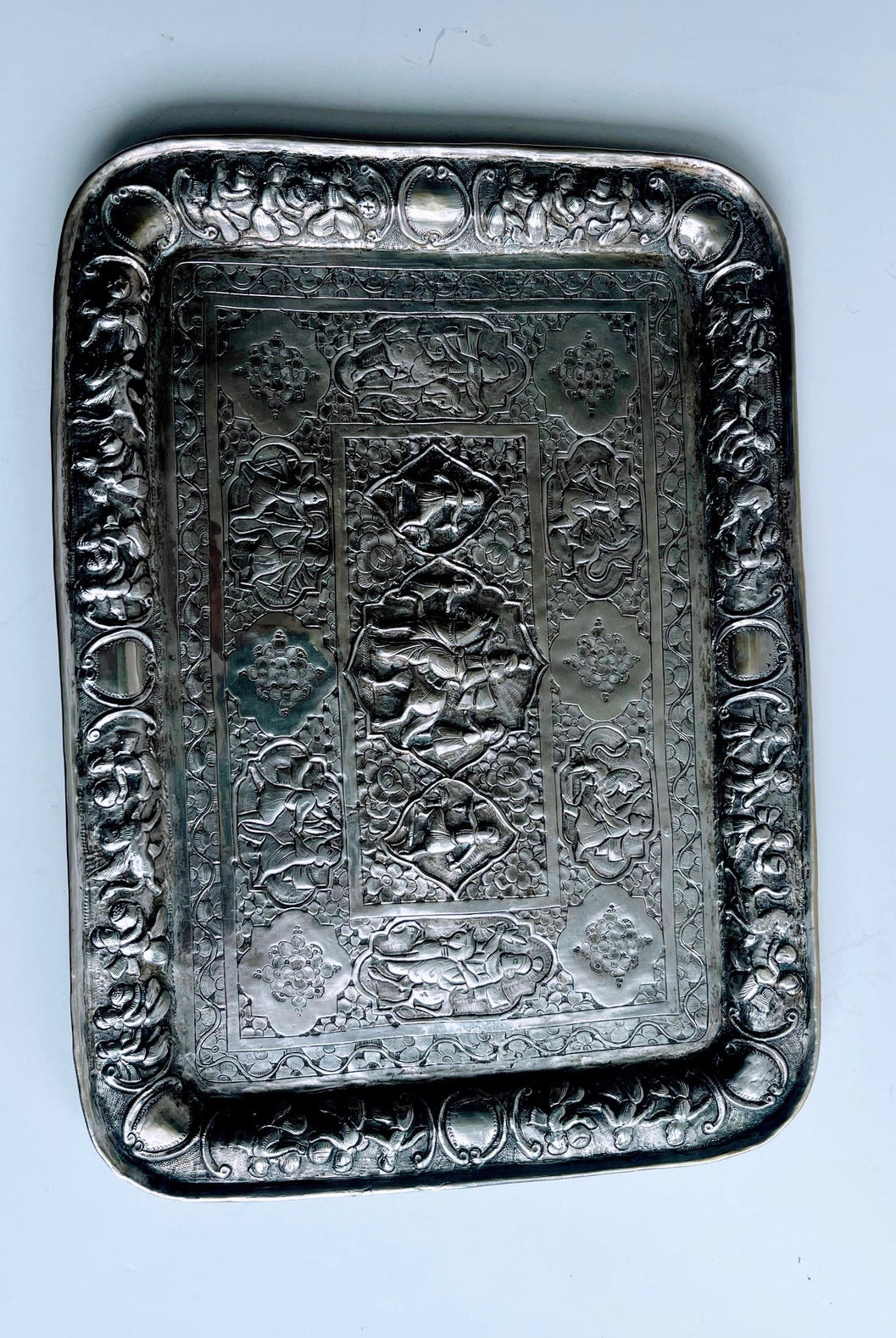 Antique Indian Silver Tray With Relief Figural Design