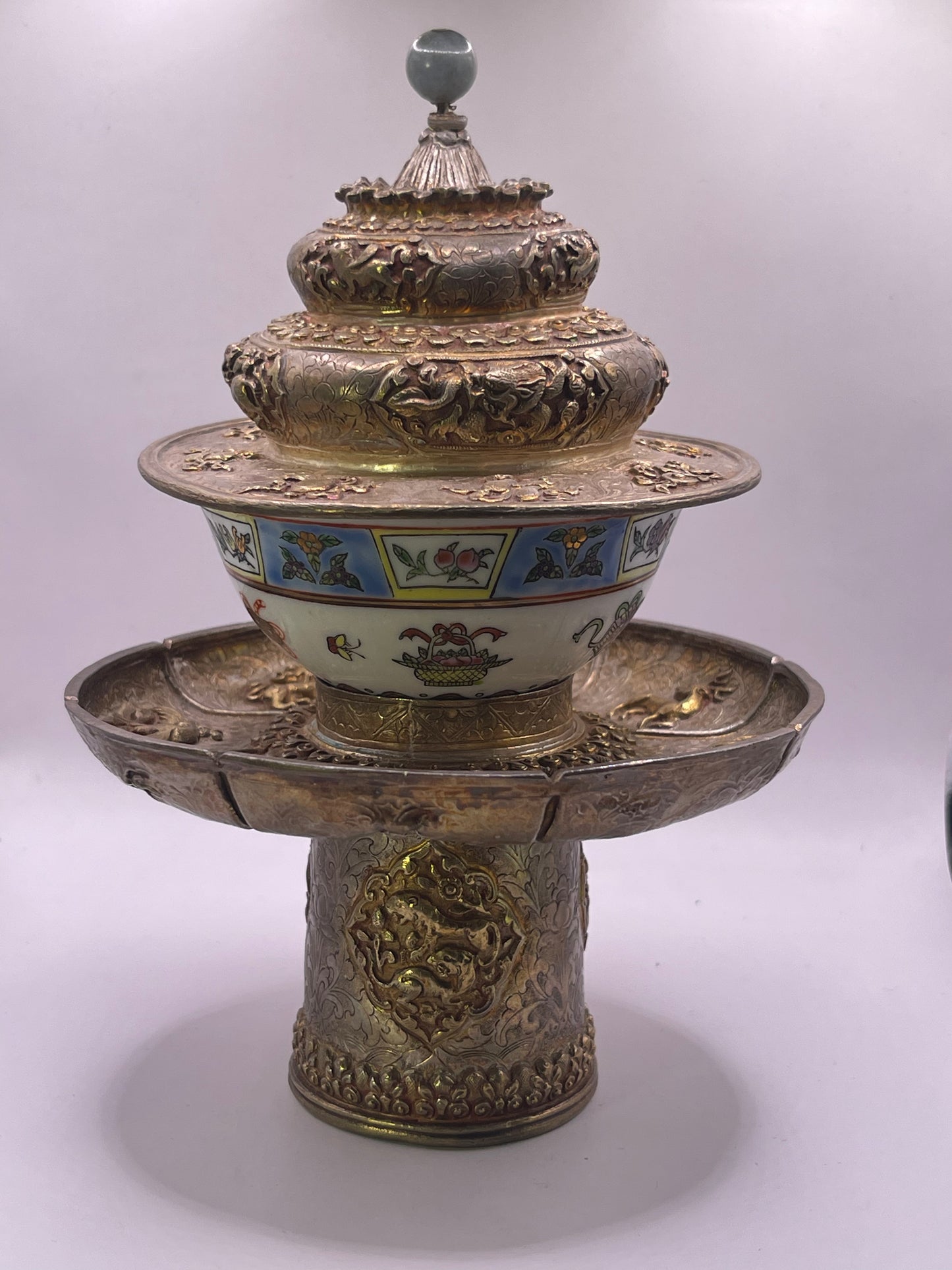 Vintage silver and gilded silver Tibetan cup stand