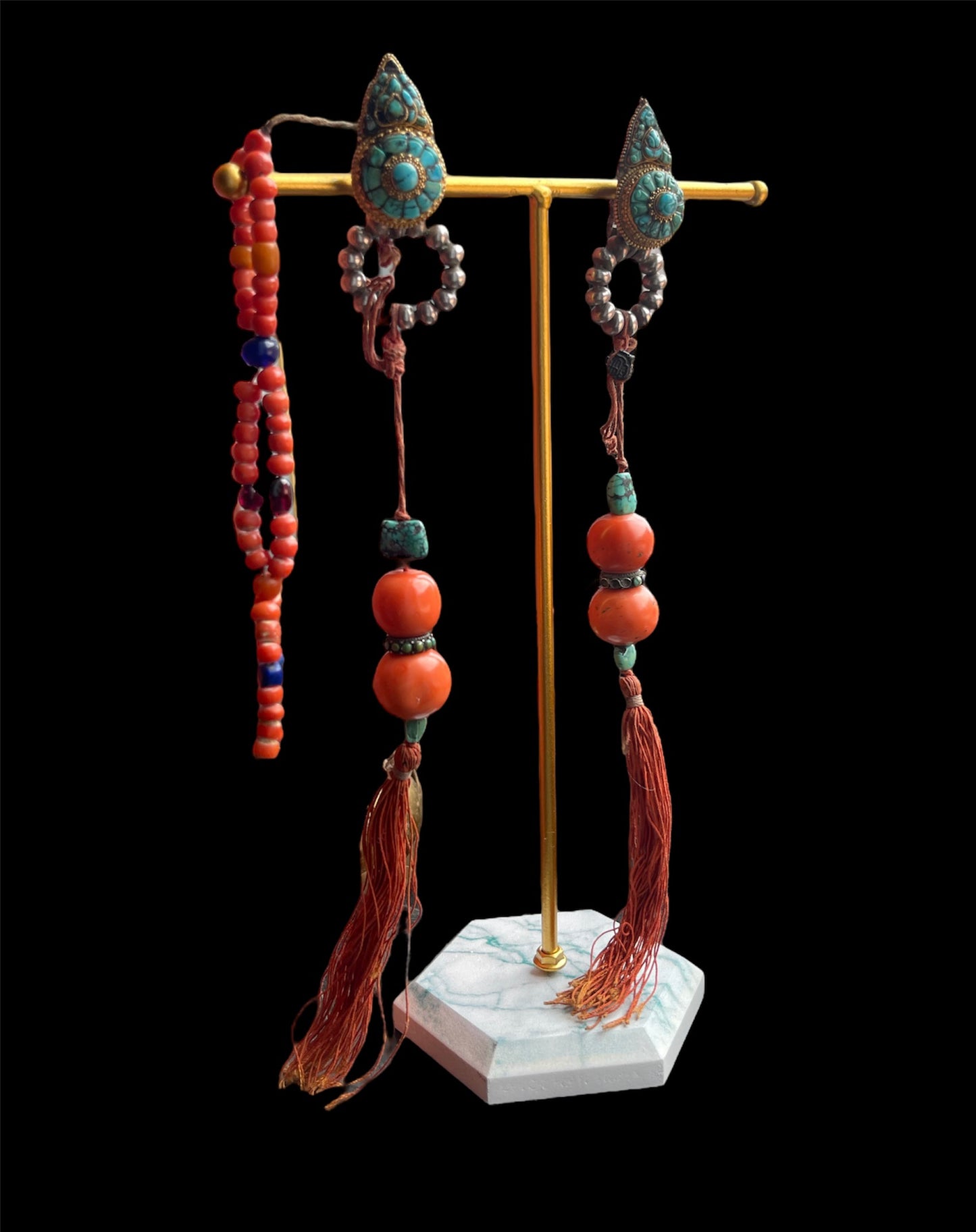 Pair of antique turquoise and silver Tibetan earrings -Ah long
