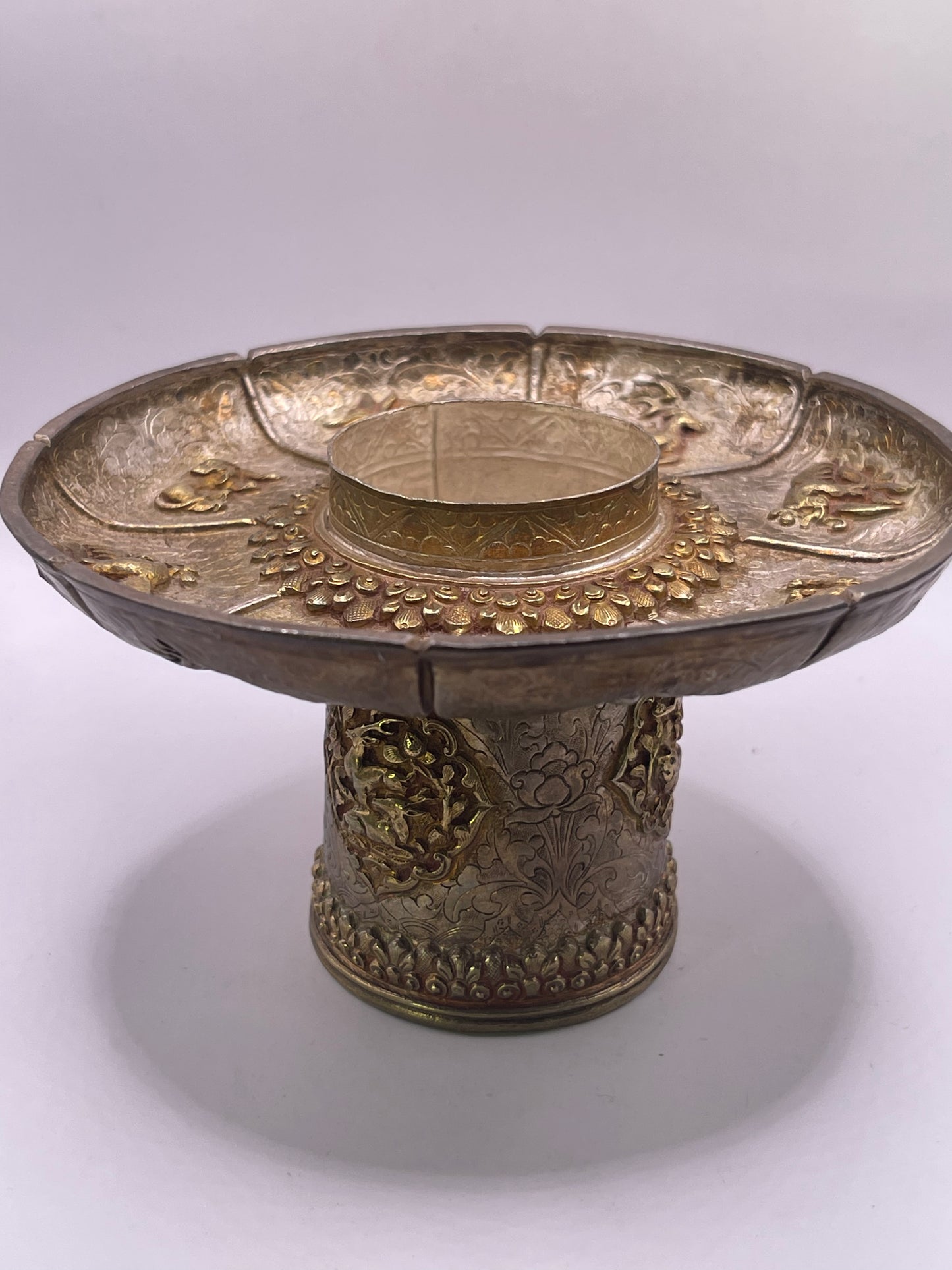Vintage silver and gilded silver Tibetan cup stand
