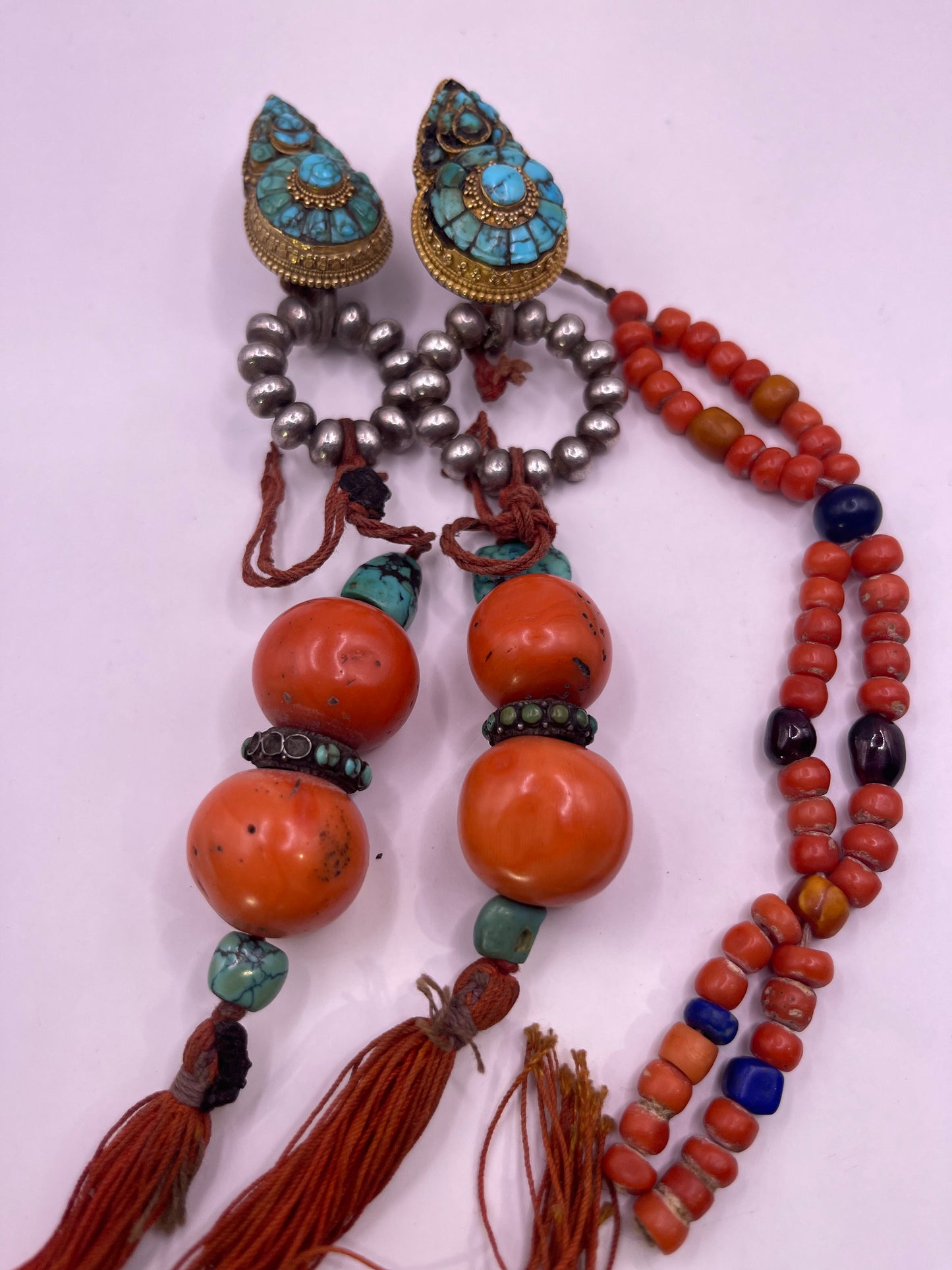 Pair of antique turquoise and silver Tibetan earrings -Ah long