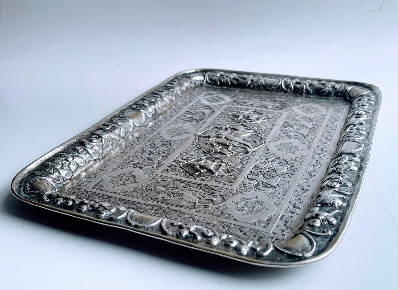 Antique Indian Silver Tray With Relief Figural Design