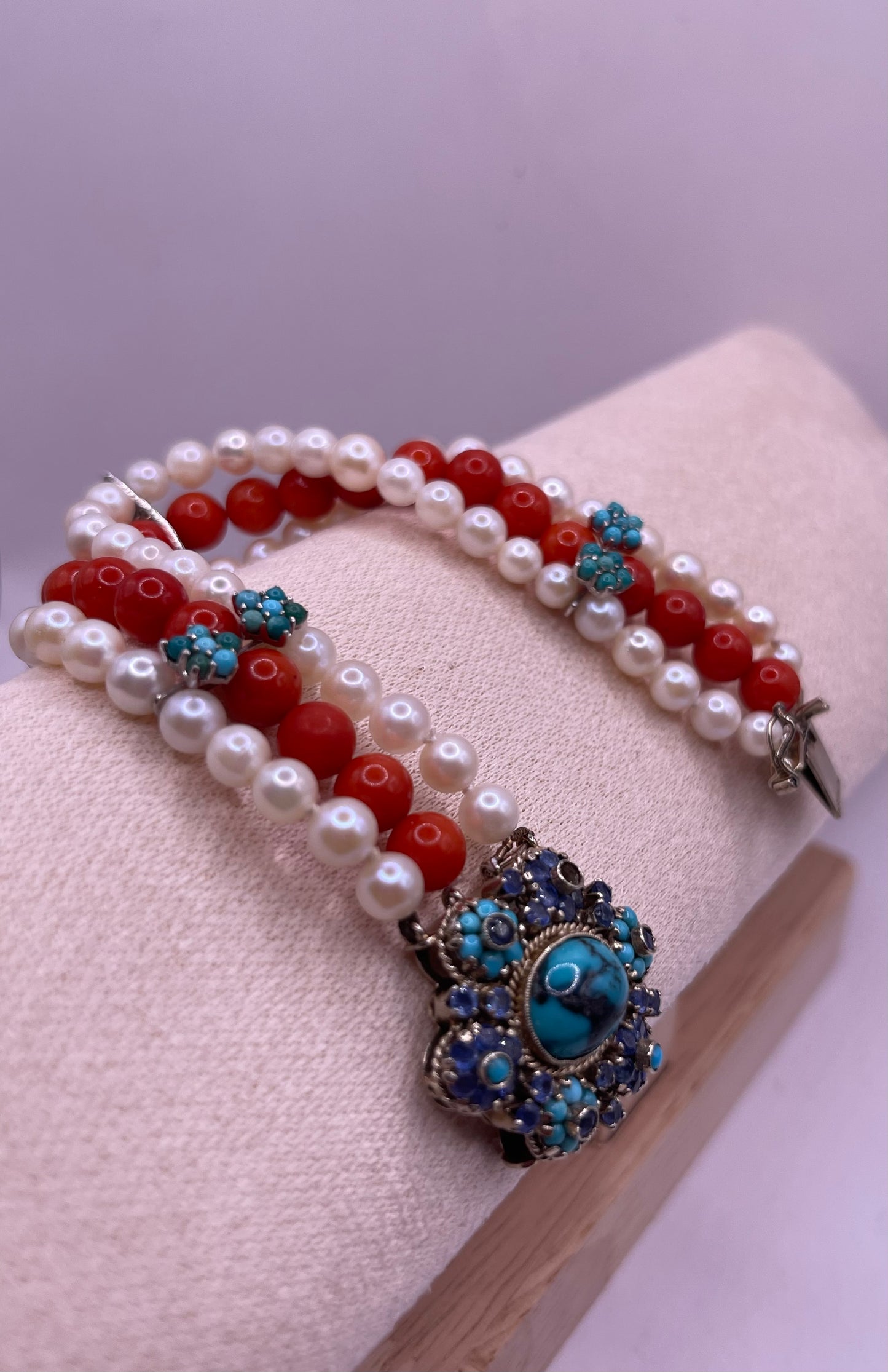 18kt gold, turquoise and sapphire, coral and pearl bracelet