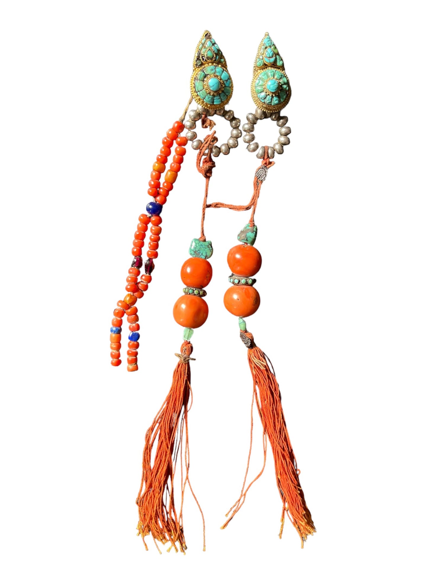Pair of antique turquoise and silver Tibetan earrings -Ah long