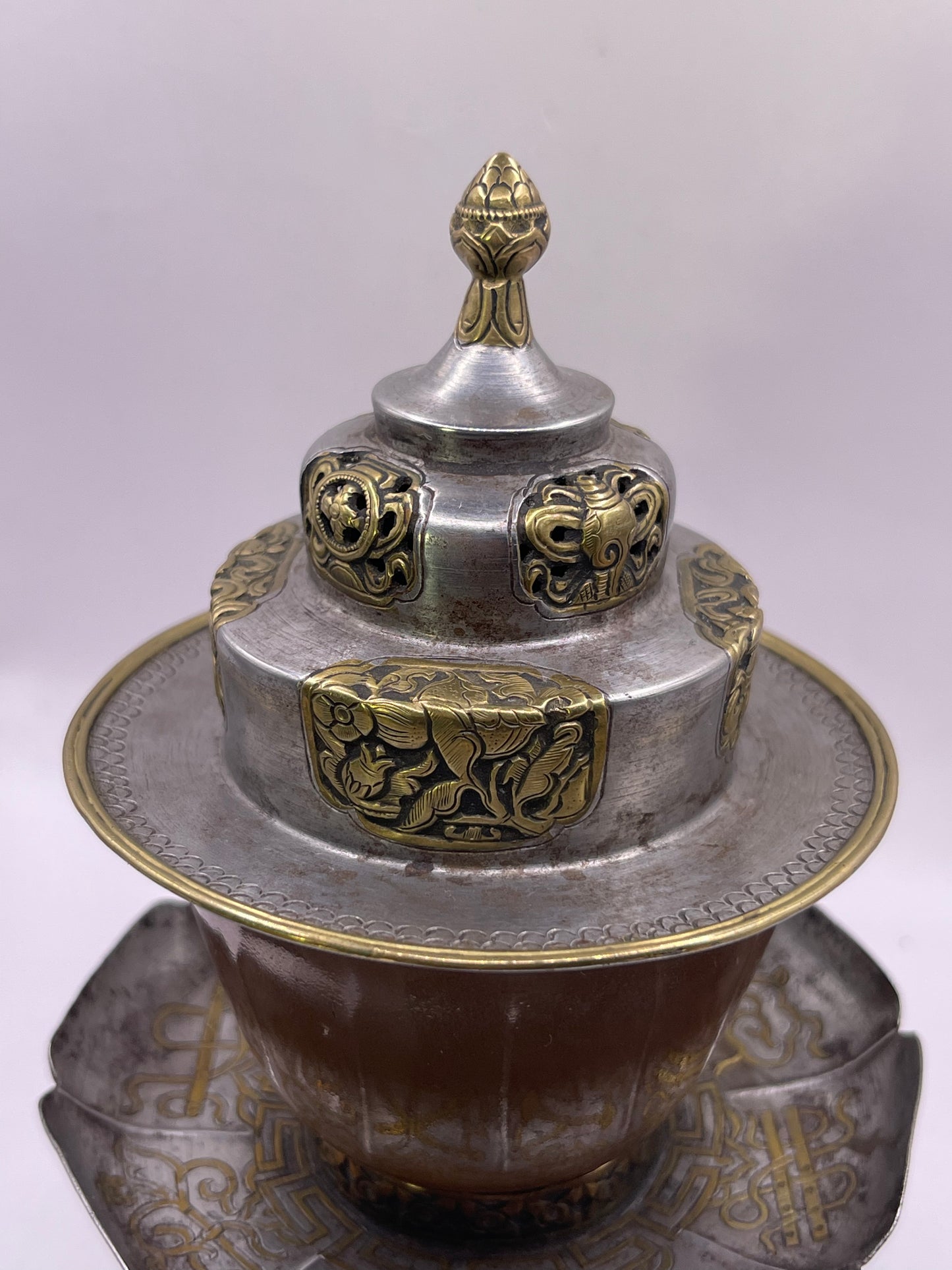 Antique silver Tibetan cup stand with cup