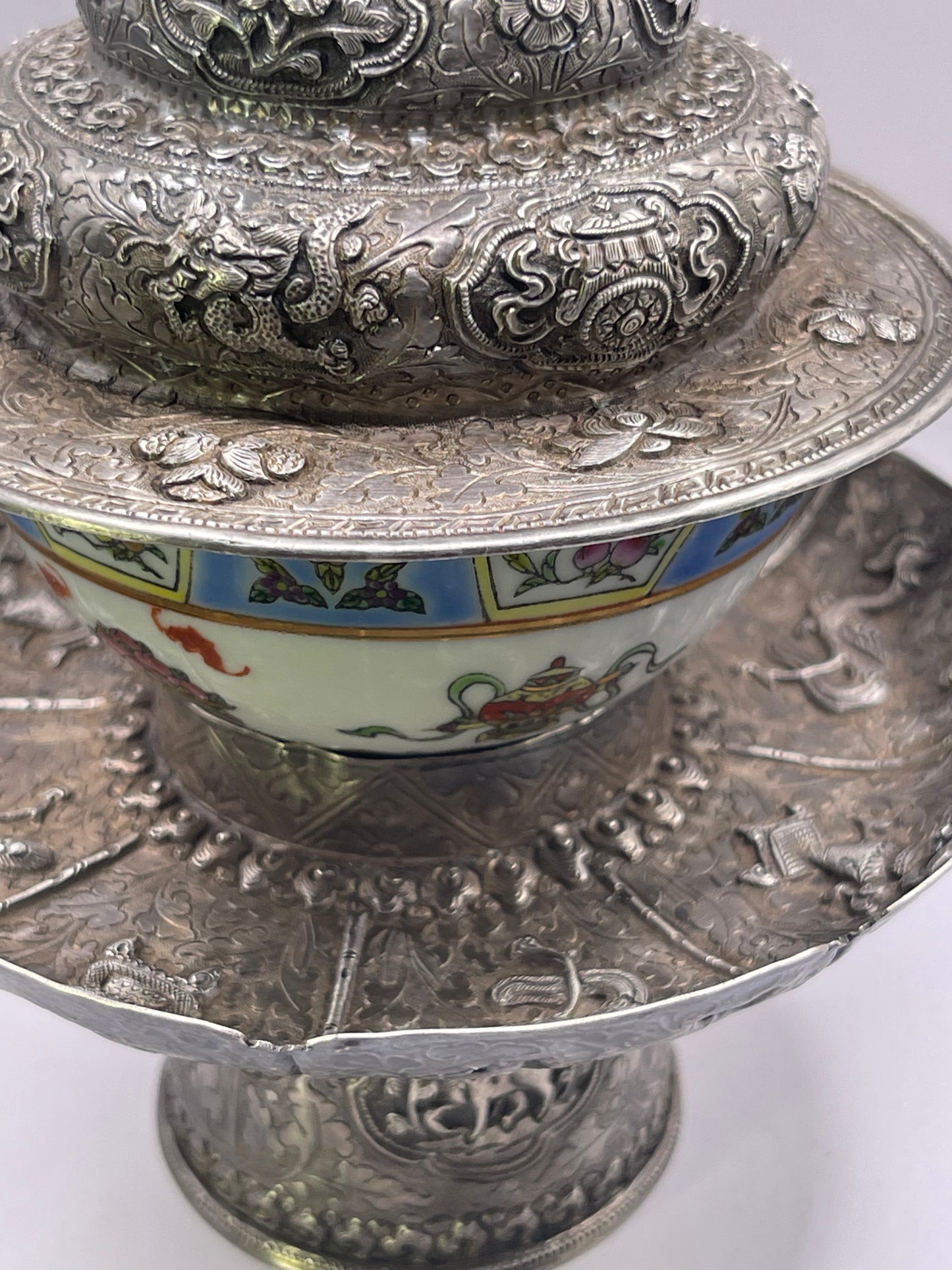 Antique silver Tibetan cup stand