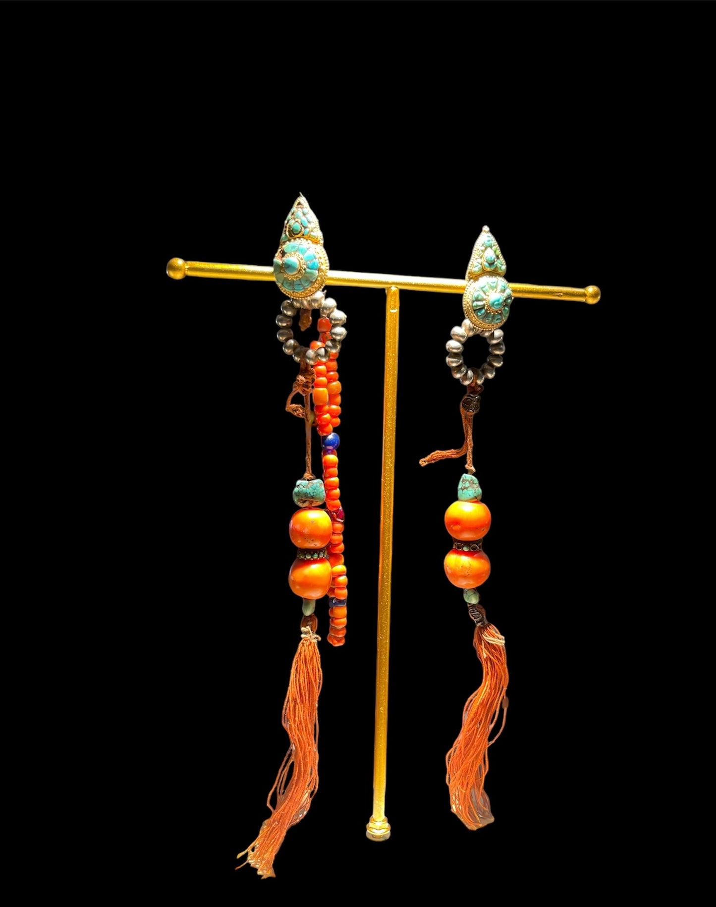 Pair of antique turquoise and silver Tibetan earrings -Ah long